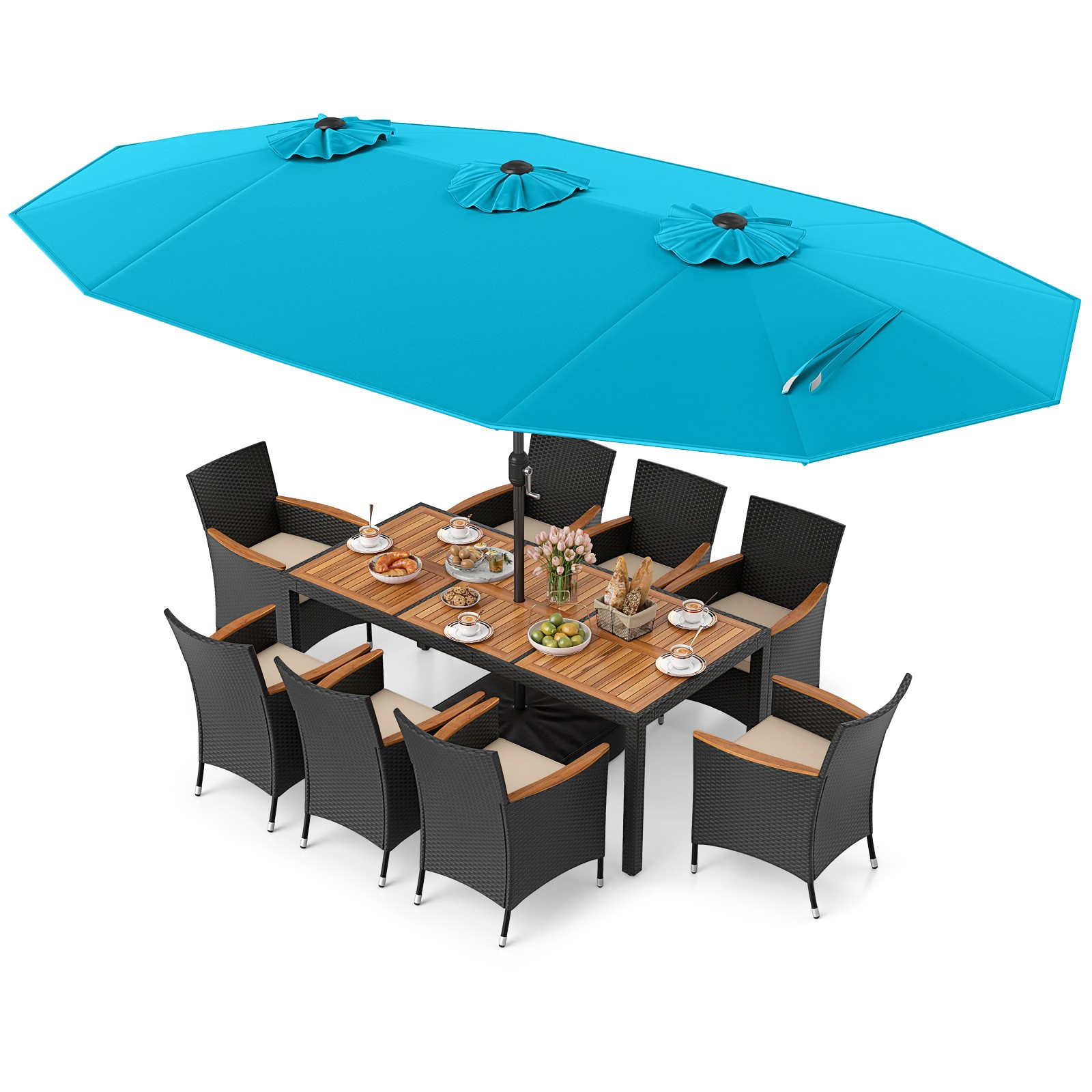 11PCS Patio Wicker Dining Set w/Double-Sided Outdoor Umbrella 8 Stackable Chairs