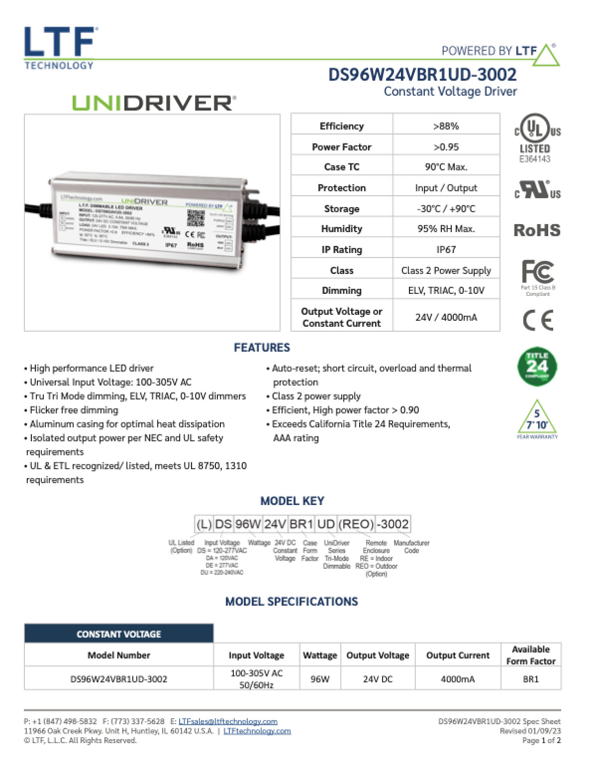 LTF DS96W24VBR1UD voltage electronic DC driver transformer 24VDC Class 2