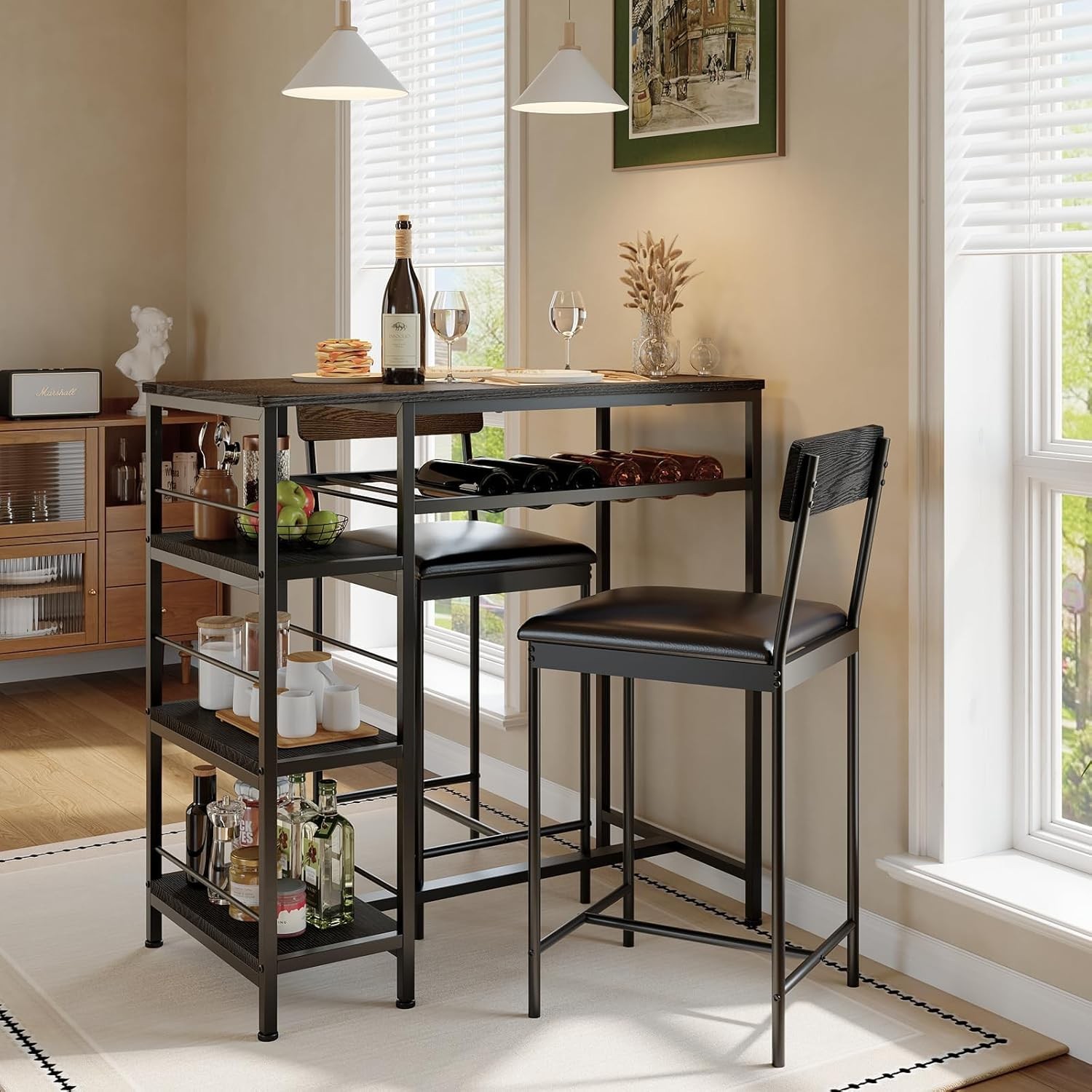 3pcs Dining Table Set for 2 Kitchen Dining Room with 2 Bar Stool and Wine Rack