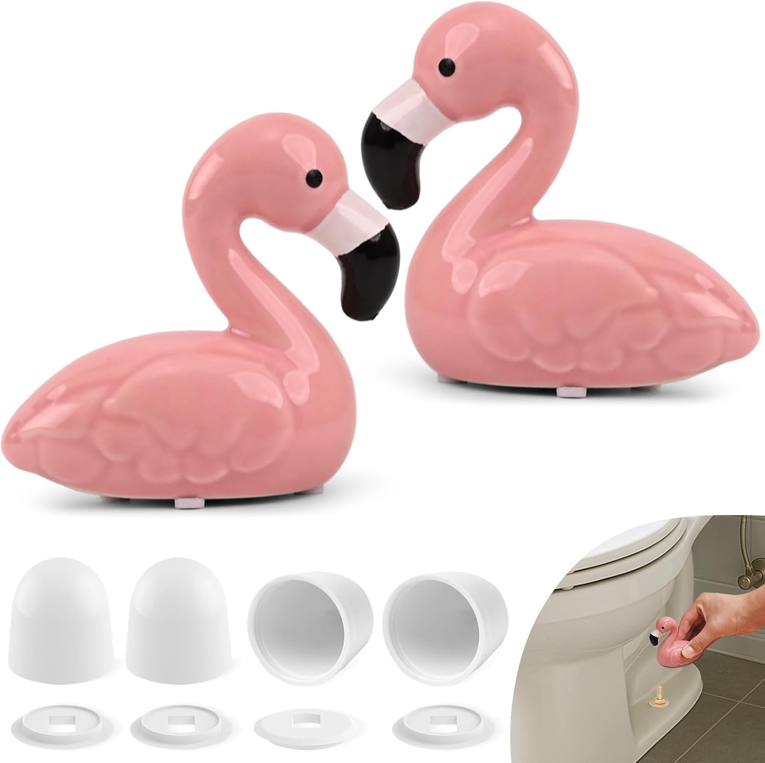 Pink Flamingo Toilet Bolt Covers Decorative Set – 2 Ceramic Flamingo Toilet Bolt