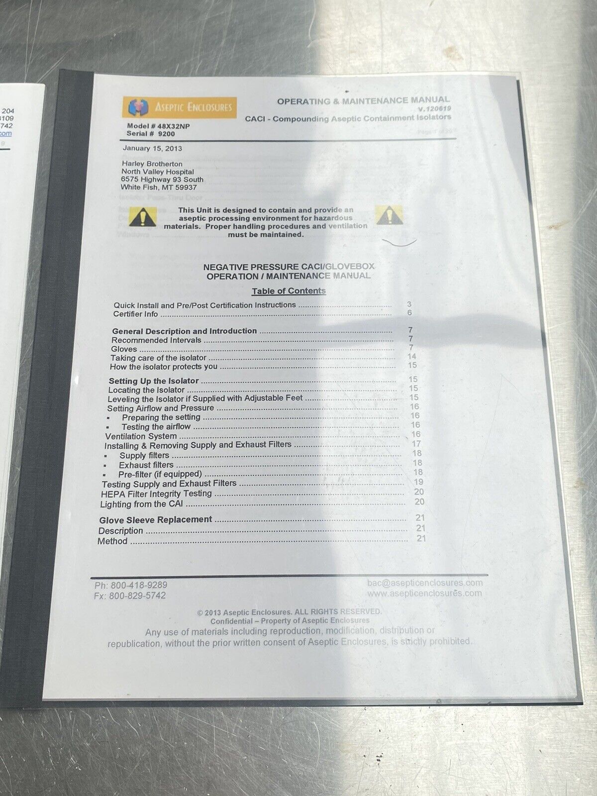 Aseptic Enclosures - Users Manual / Instructions Book