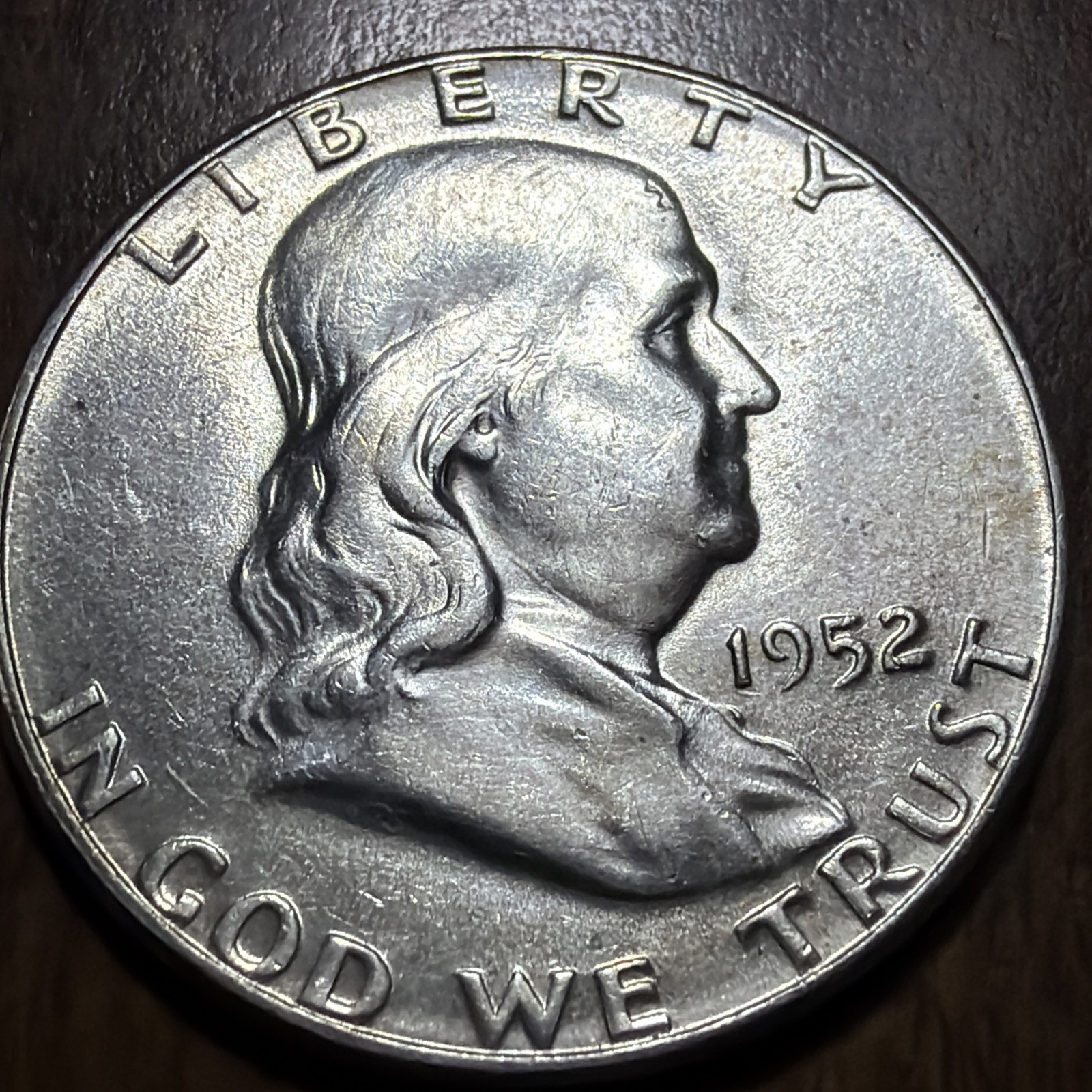 1952 Unc. Franklin Half Dollar Full Bell Lines Actual Coin. Higher grade Coin