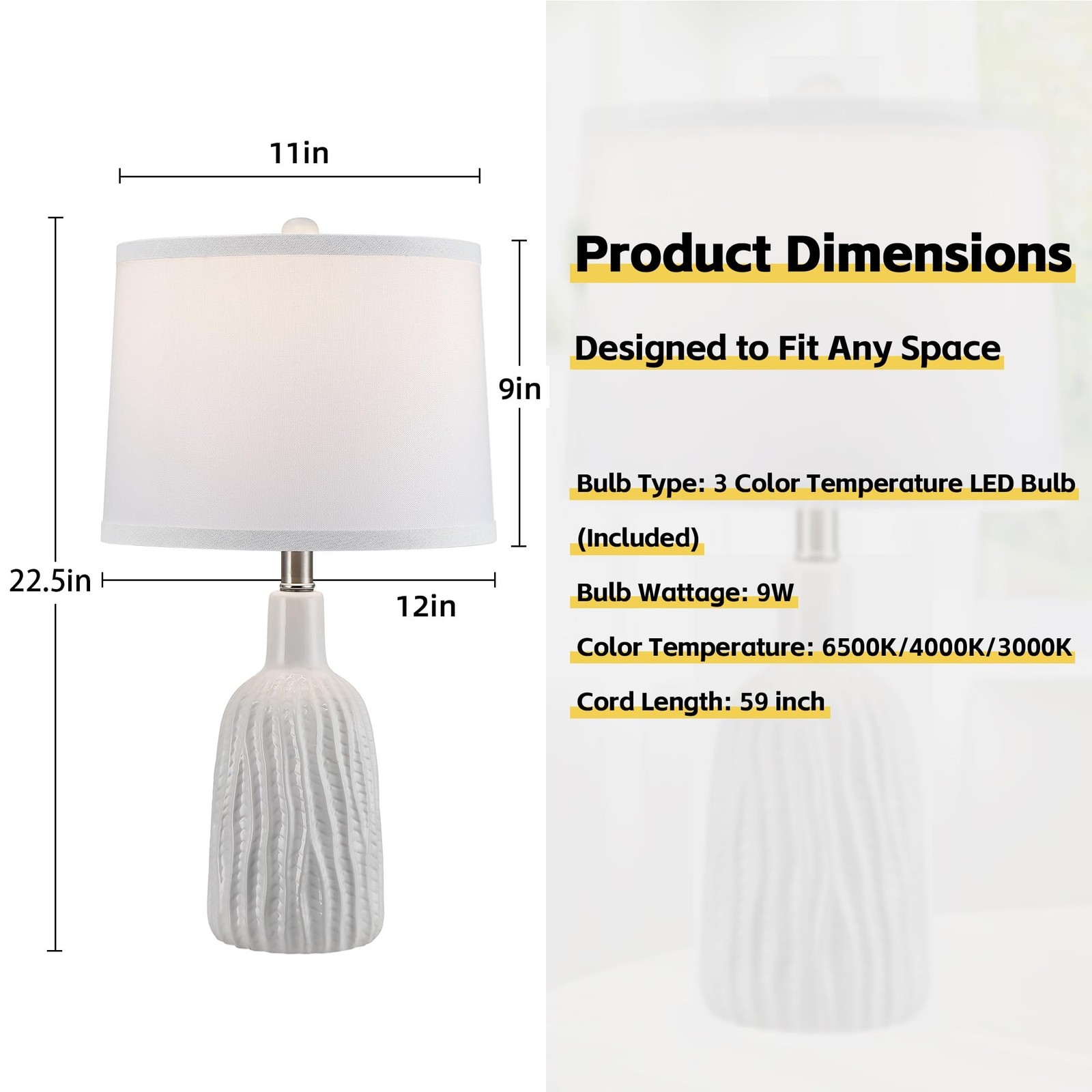 GRUENLICH Ceramic Table Lamp Set 2 Nightstand, 22.5" Modern White Bedside Lamp