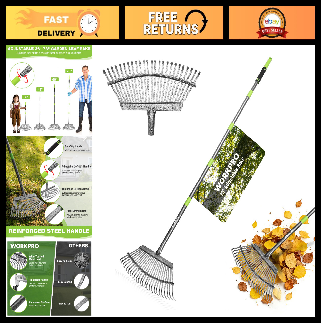 Adjustable 73” Long Handle Leaf Rake, Heavy Duty Metal Garden Rake with 25 Tines