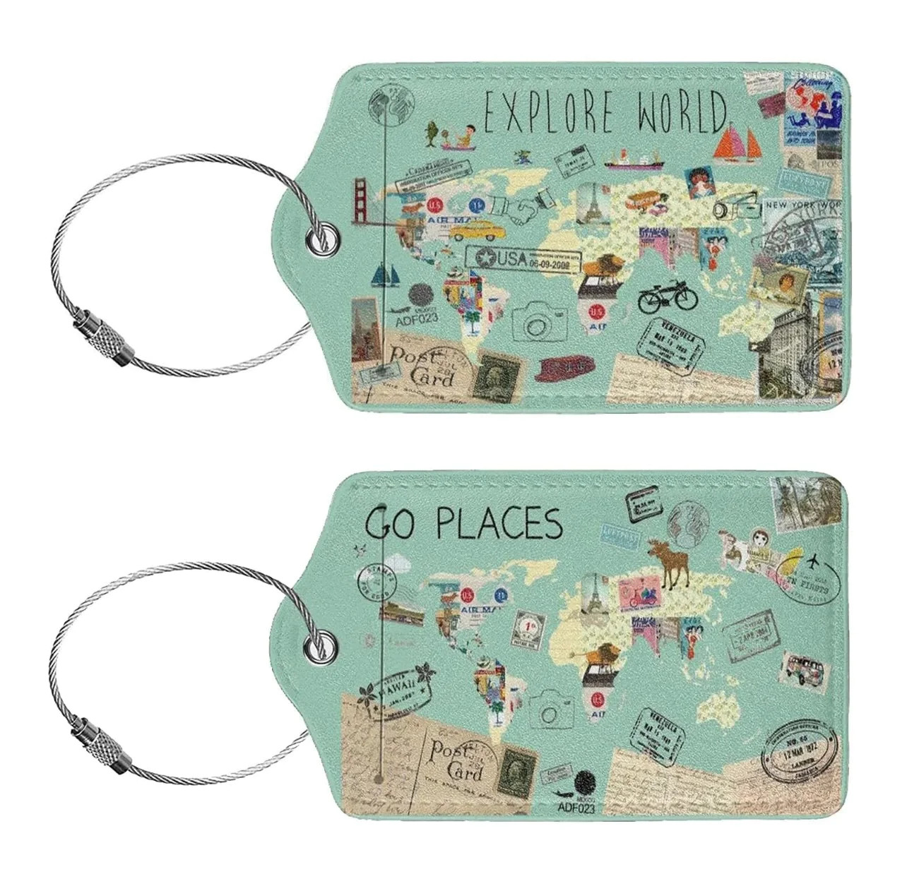 2 Pack Explore The World Stamps PU Leather Luggage Tag Name ID Card Baggage USA