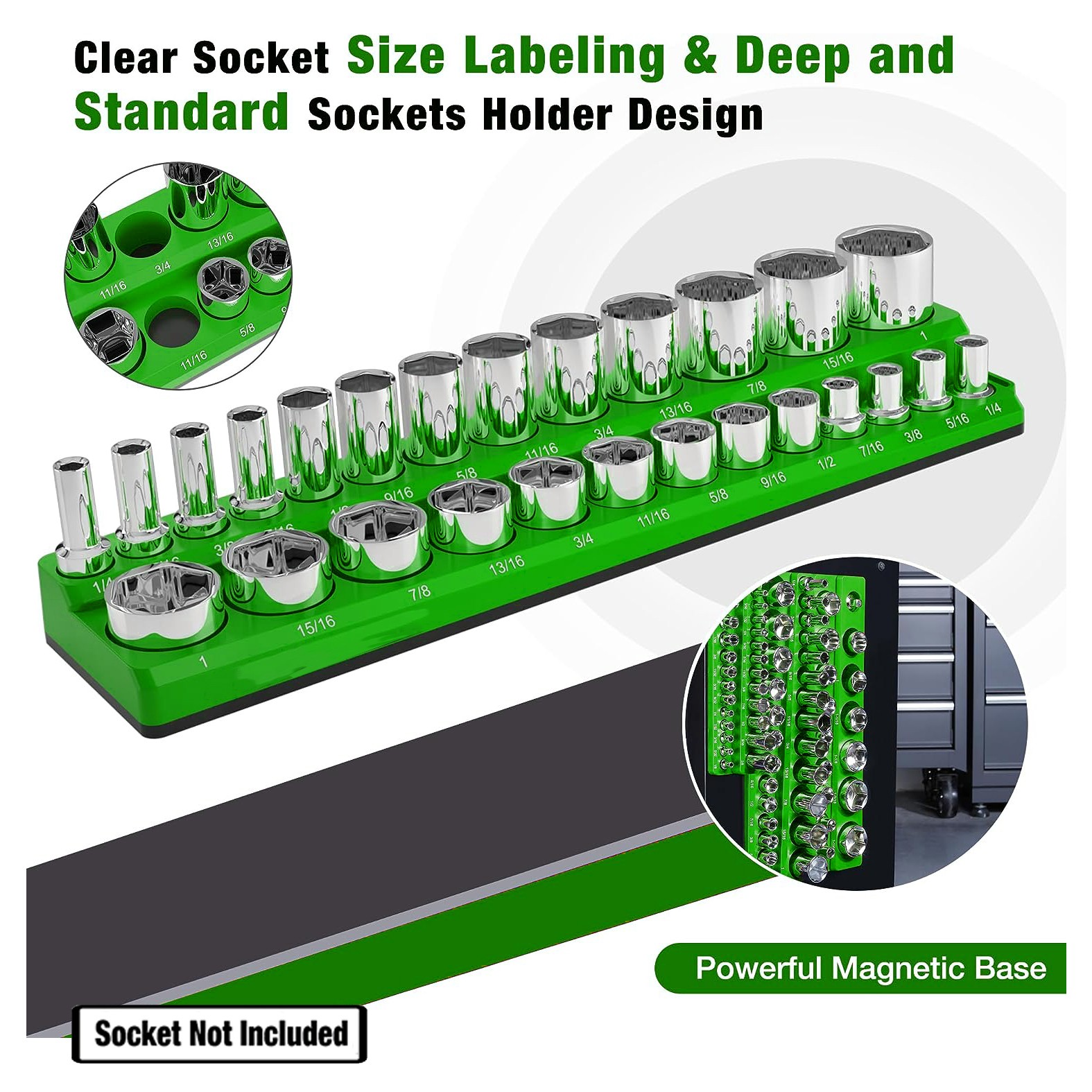 3PCS Magnetic Socket Organizer Socket Green 1/4 3/8 1/2" Drive Socket Holder