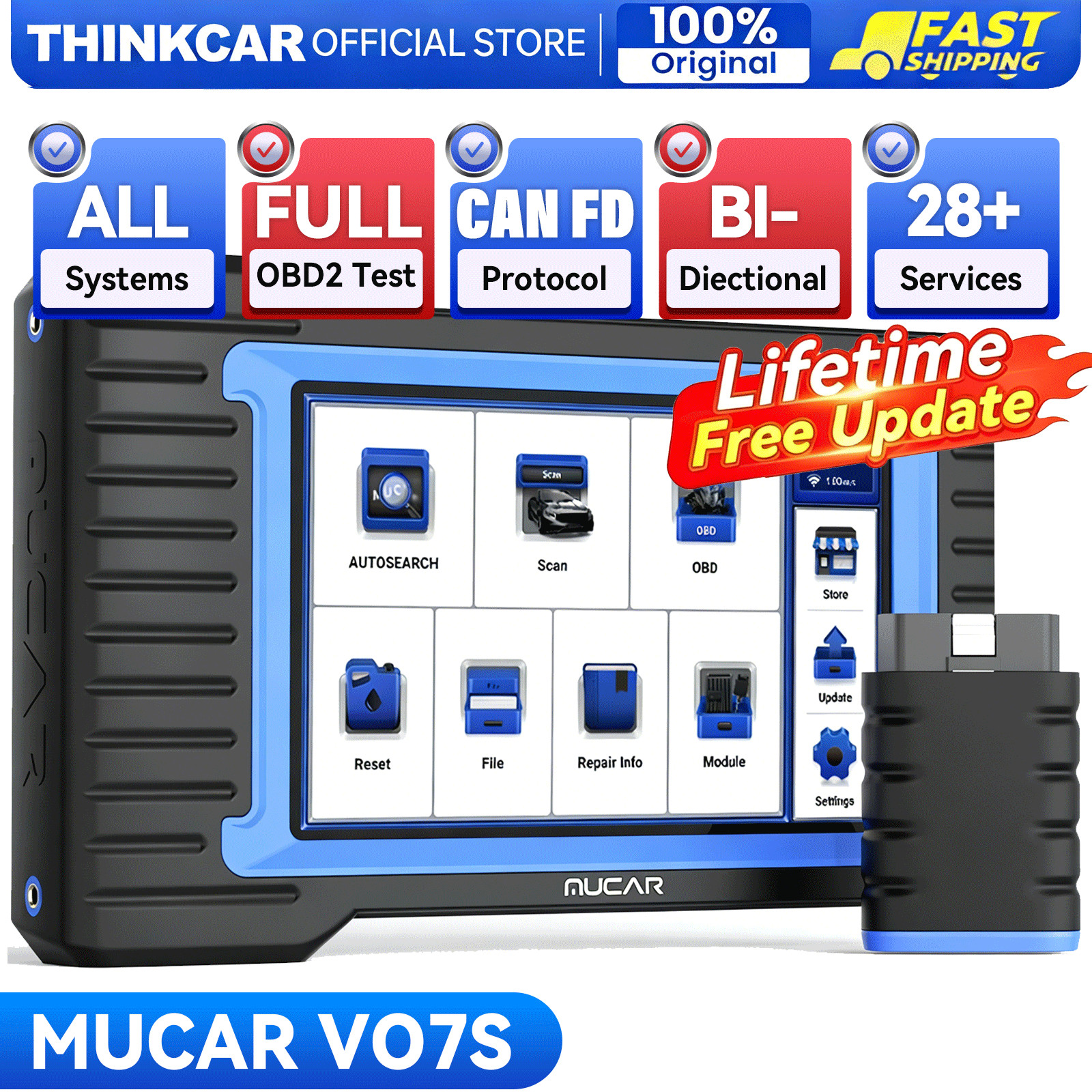 MUCAR VO7S OBD2 Diagnostic Tool Bidirectional Scanner CANFD ECU Coding 28+Resets