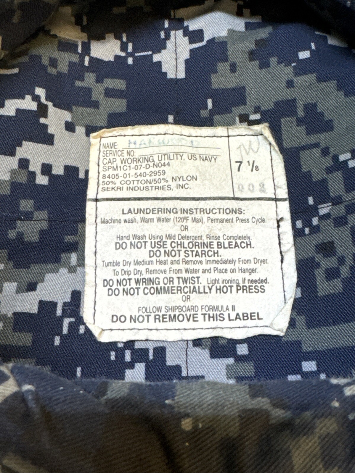 7 1/8 USN Navy NWU Blue Camo 8 Point Working Utility Cover Hat Cap 4270
