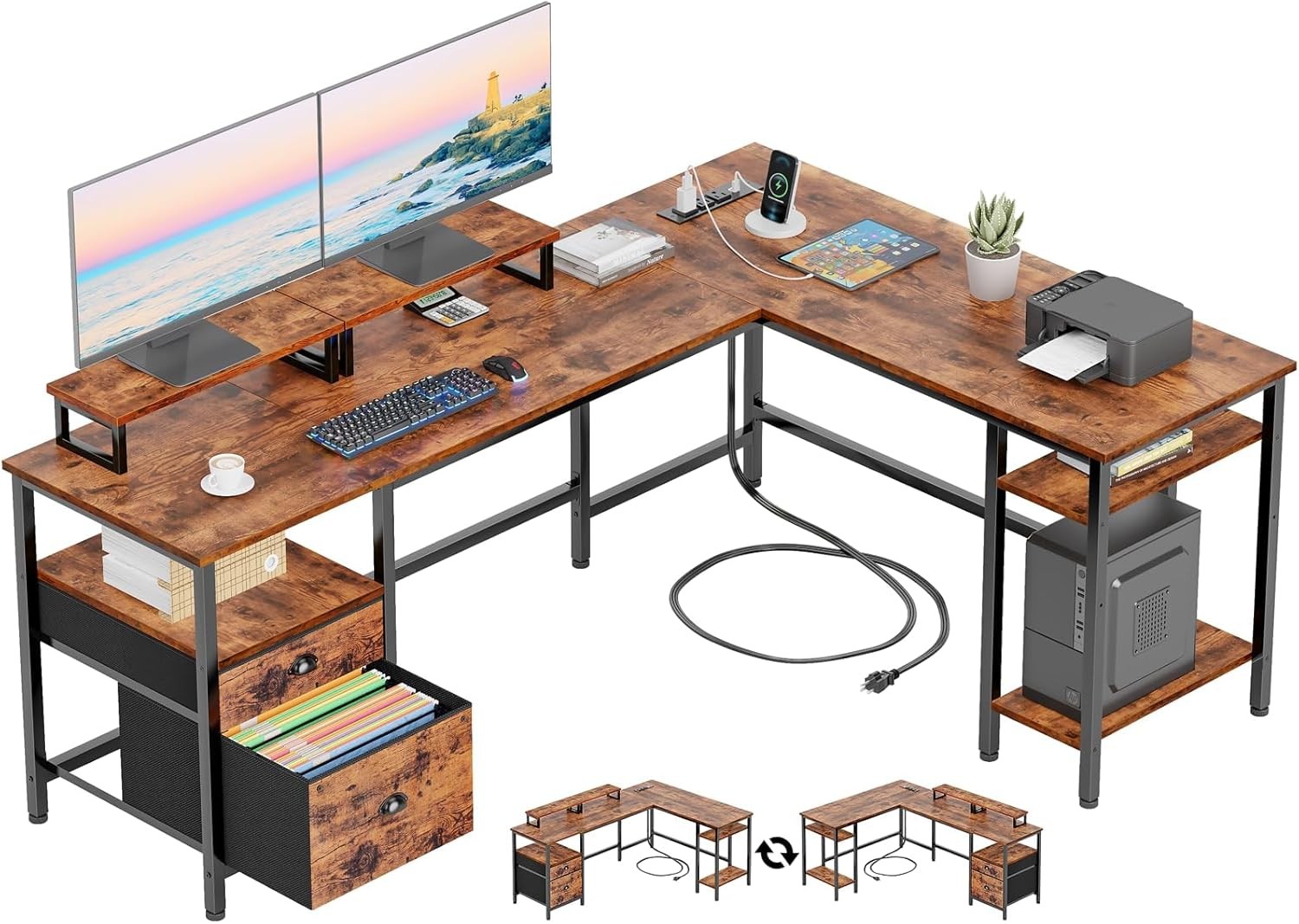 Furologee Rustic Brown L Desk 66InchReversibleCornerwithMonitorStands for Gaming