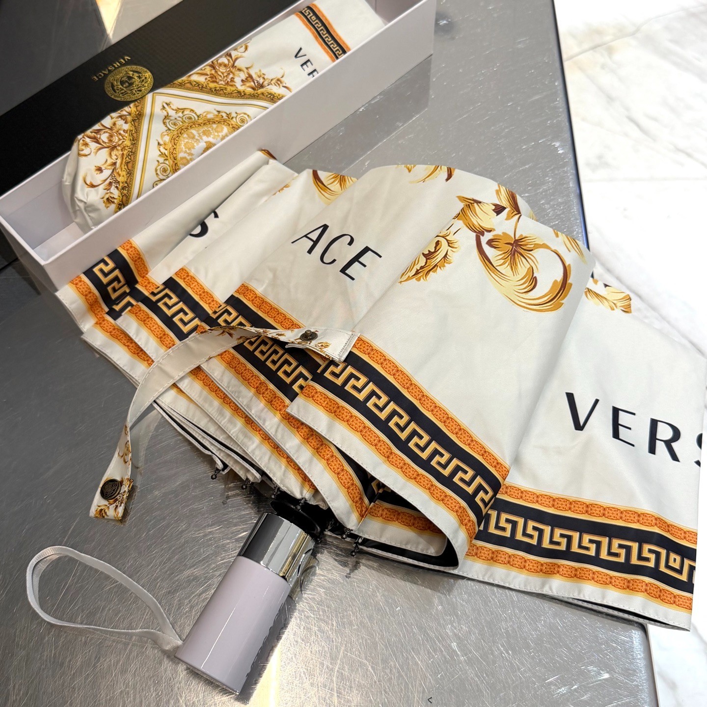Versace gold square flower Pattern Umbrella Automatic 3-Fold Sun Rain Parasol