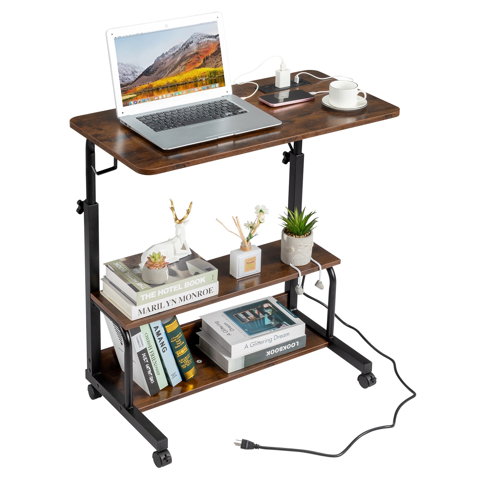 Vintage Brown Adjustable Computer Desk,3 USB + 2 AC Outlets,80‑104 cm Height