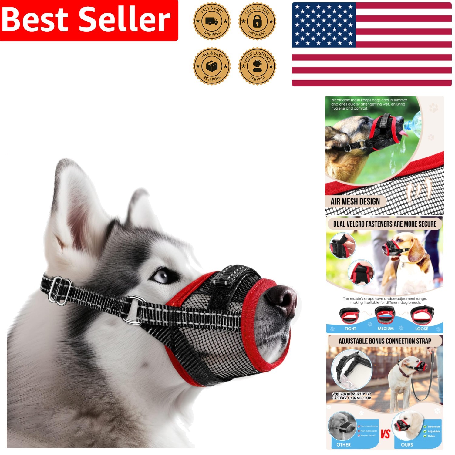Red Mesh Dog Muzzle for Biting Barking - Large Adjustable Breathable Guard