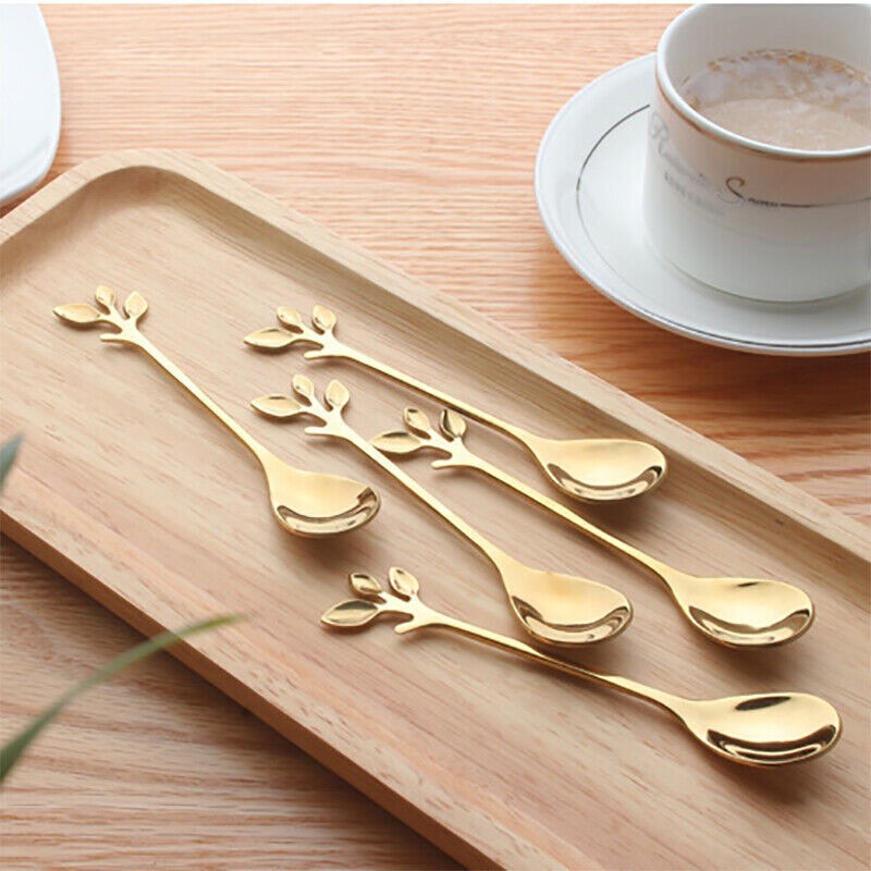 5*Stainless Steel Spoon Branches Leaf Spoon For Kitchen Tableware Ornament