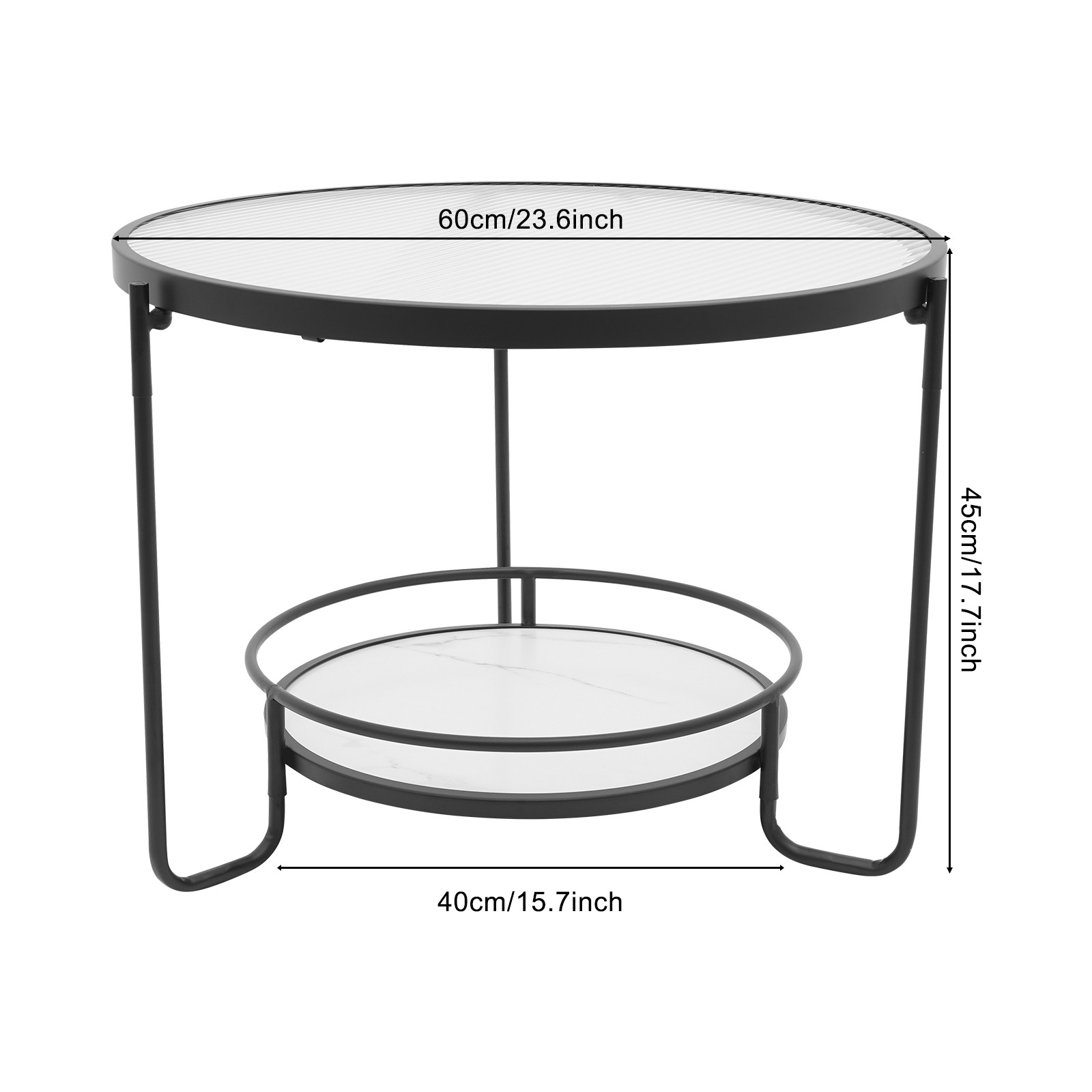 2-tier Modern Side Table Round Black End Table Tempered Glass Coffee Table 60cm
