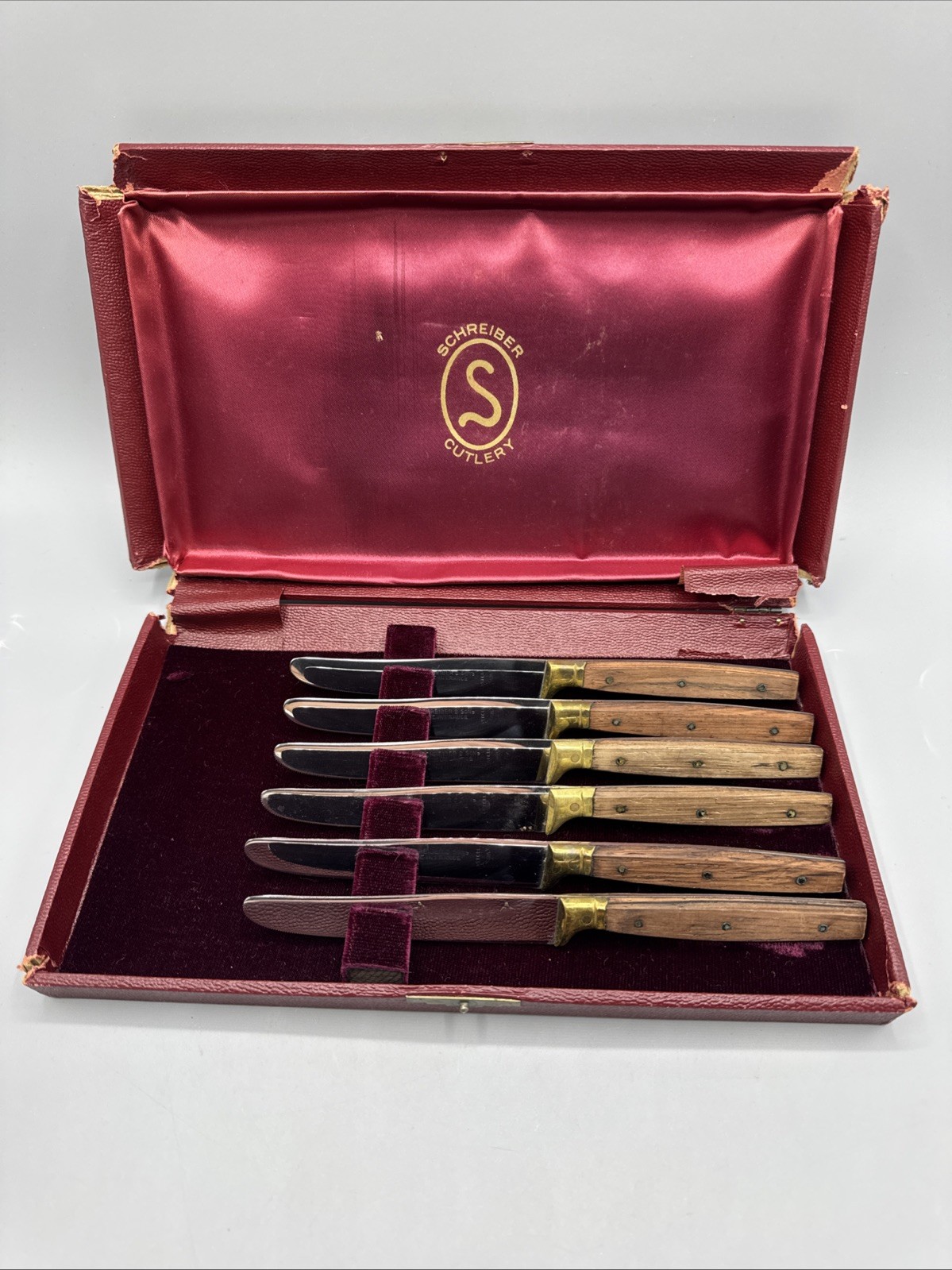 6 Vintage Dinner Knives N. SCHREIBER & SONS France Copper & Wood Handle