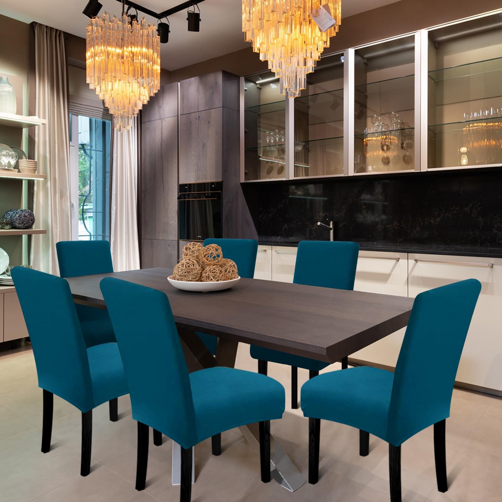 Fafua Chair Covers, Stretch Kitchen Covers/Dining Room .Peacock Blue