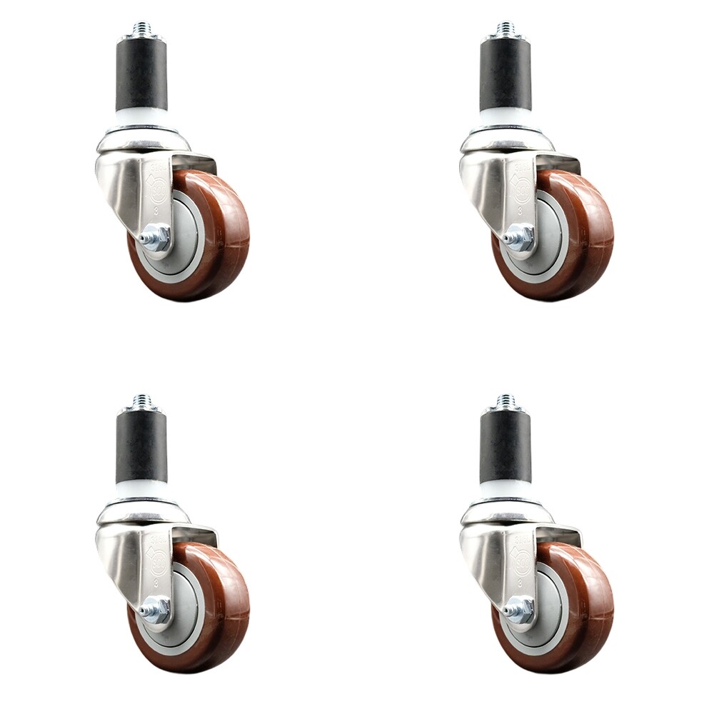 3 Inch 316SS Maroon Polyurethane Swivel 1-1/2 Inch Expanding Stem Caster Set SCC
