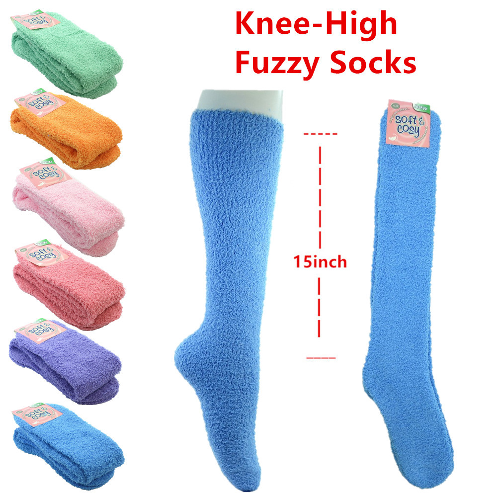 4~12pairs Women Solid Winter Socks Cozy Fuzzy Slipper Long Fleece Knee High Lot