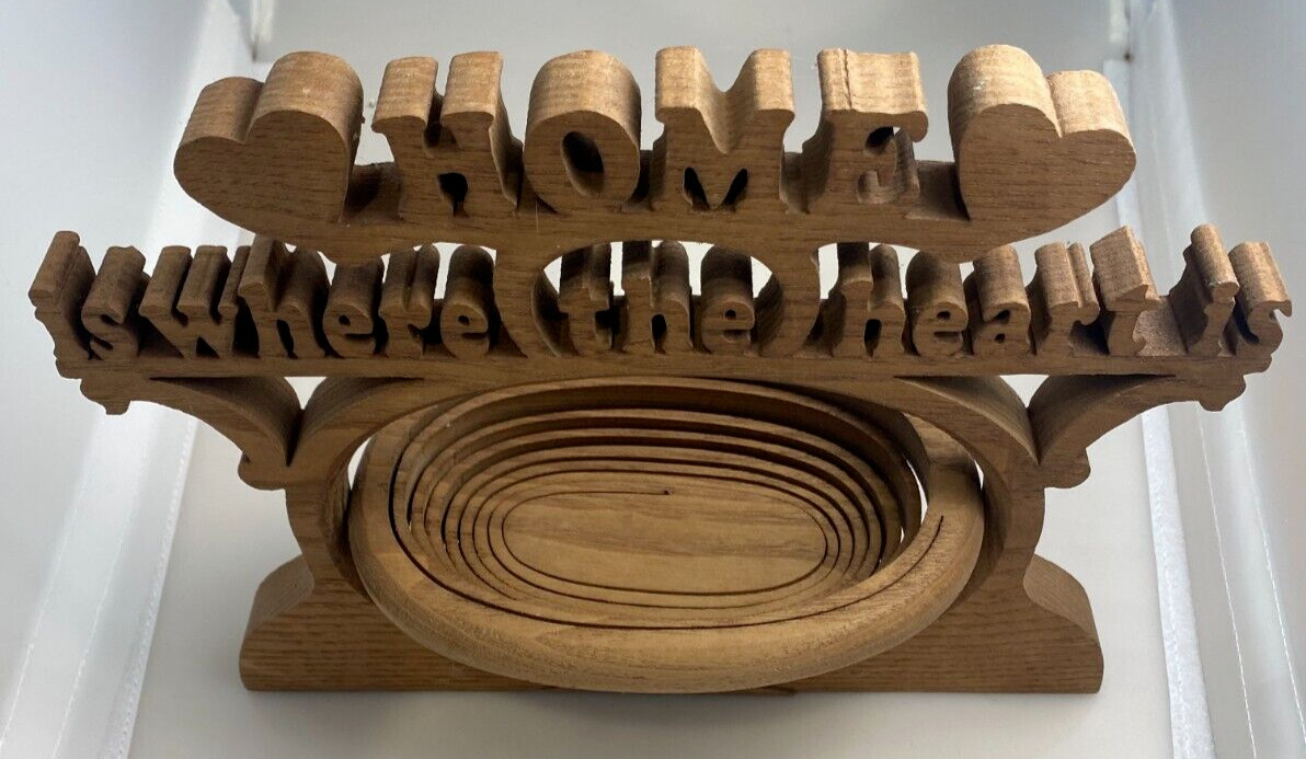 Vintage hand carved collapsible wood basket "Home is where the heart is"