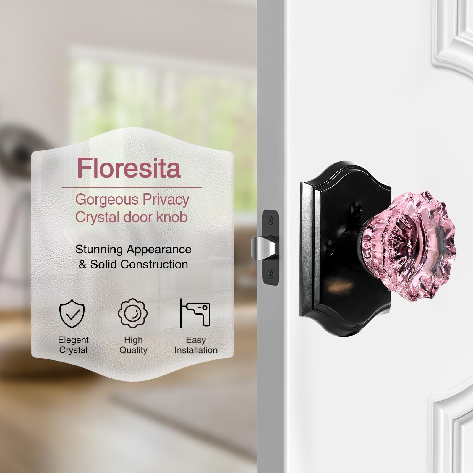 Crystal Door Knobs, Pink Black Glass Door Knobs Interior Rose Shape with Lock...