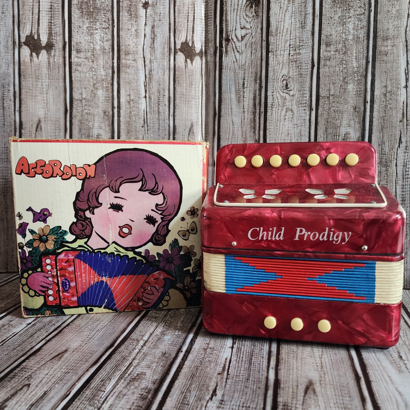 Vintage Child Prodigy Toy Faux Red Mother Of Pearl 7 Key Accordion - Shen Tong