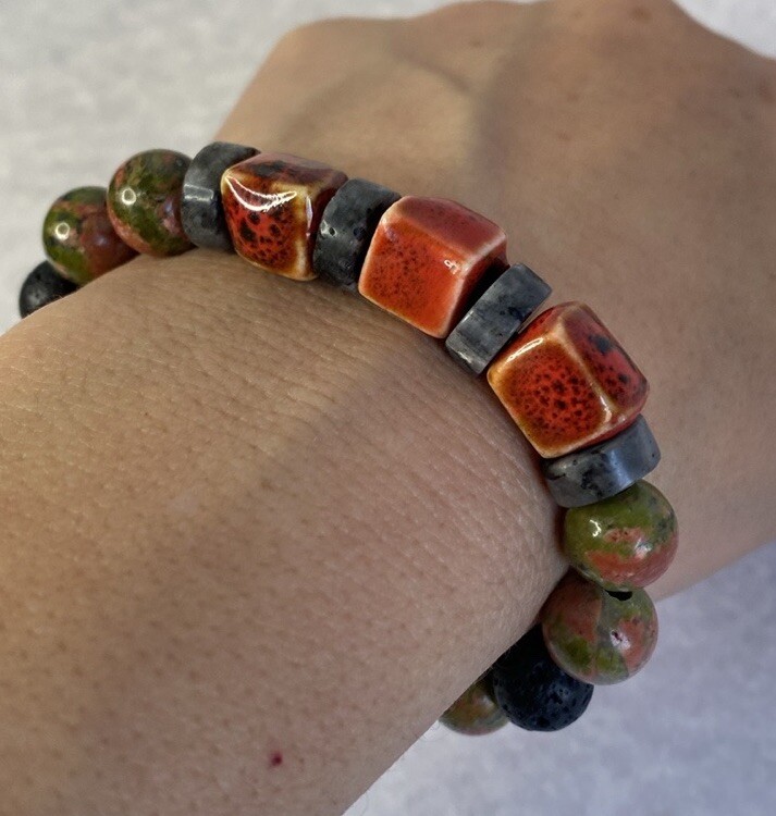 Unakite labradorite lava stone stretch bracelet