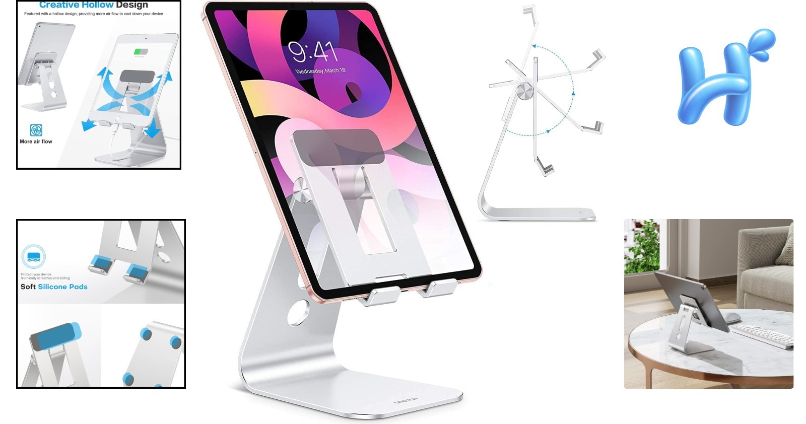 Adjustable Tablet Stand for Desk with Hollow Design & Enhanced Stability, Silver