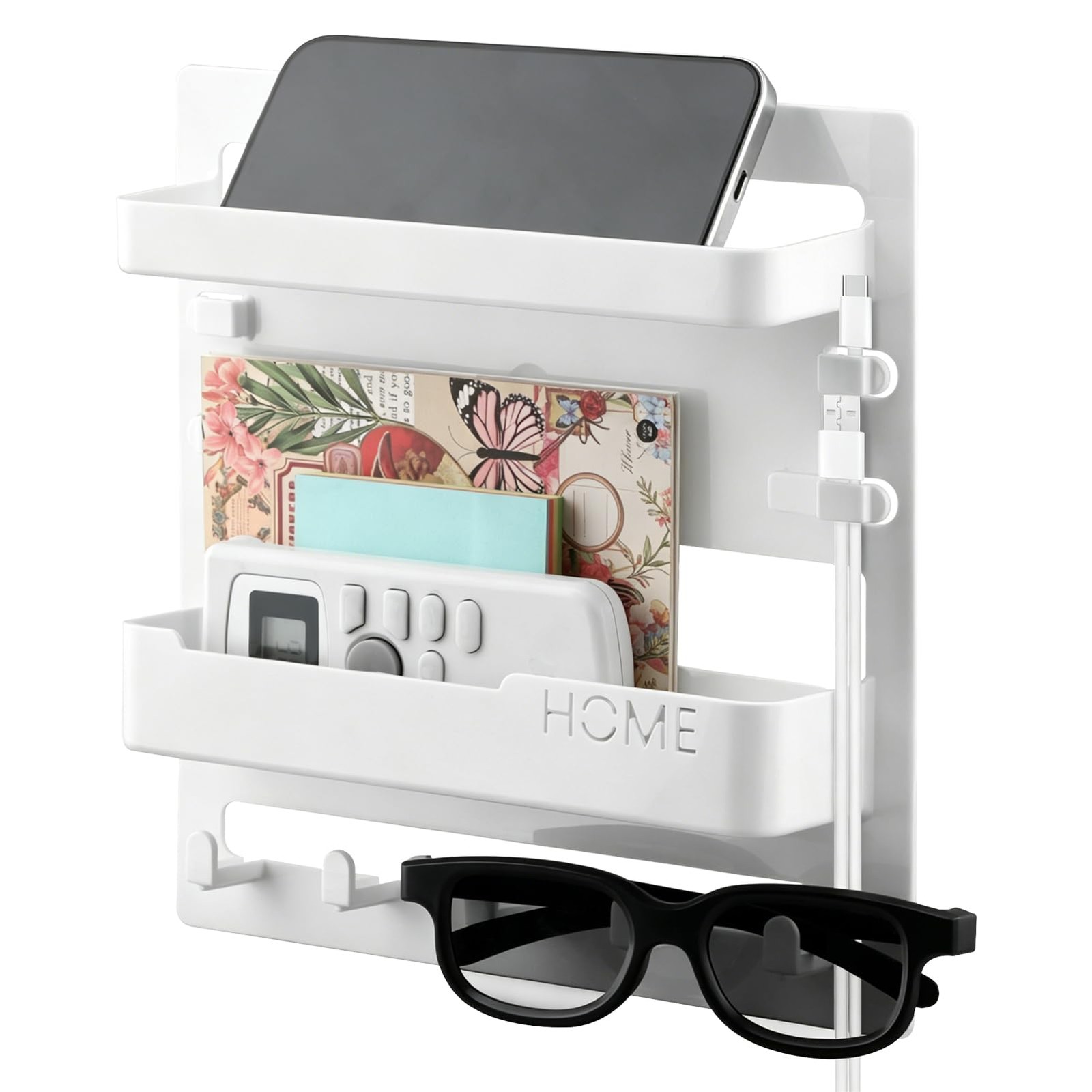 Bedside Shelf Wall Mount Nightstand Adhesive Organizer 5 Hooks Charging White