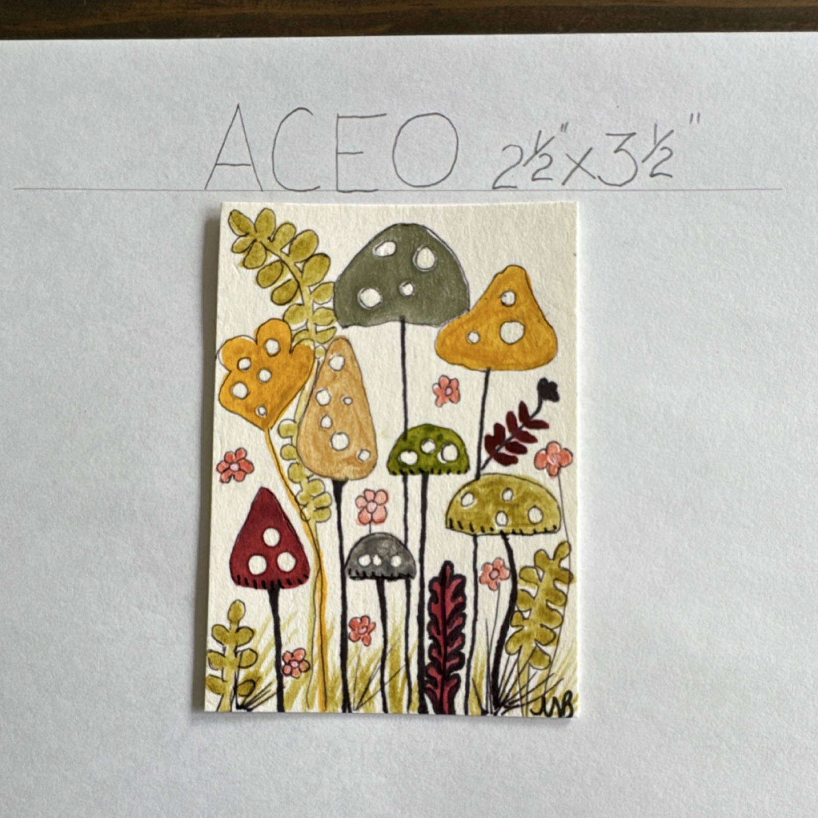 Mary Ann Behiry ACEO Original Mushroom Botanical watercolor Signed 2.5x3.5