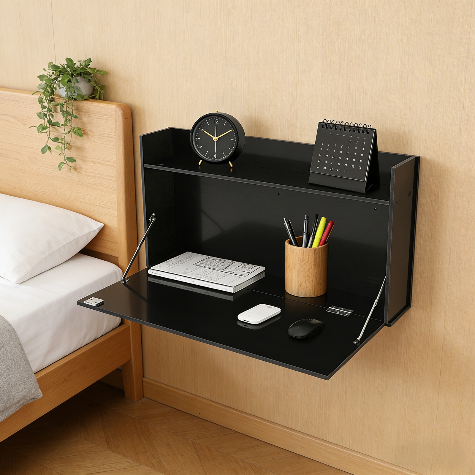 Black Wall-mounted Foldable Desk Cabinet Rectangle Multifunctional Table Cabinet