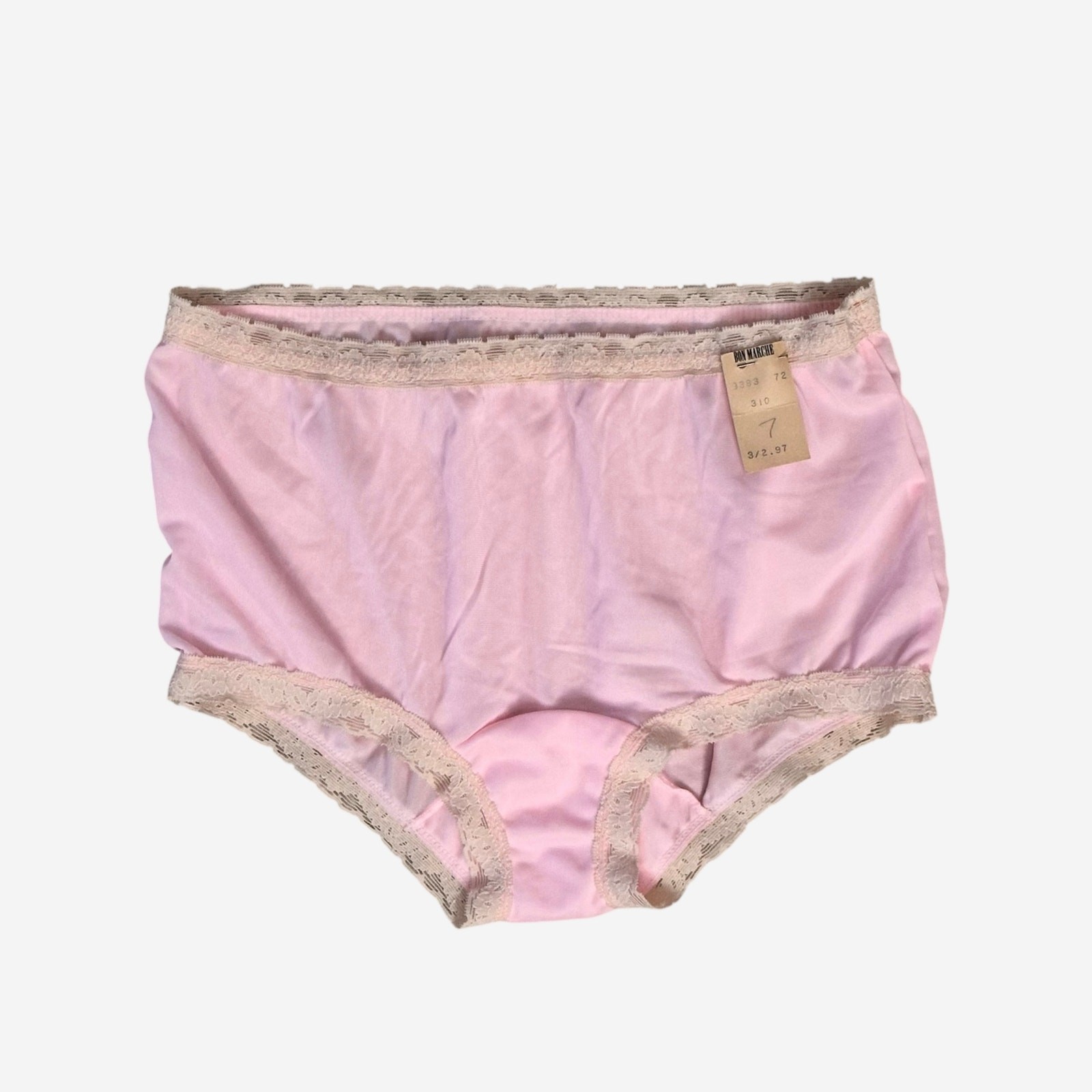 New NOS Vintage 60s 70s Bon Marche Pink Nylon Lace Trim Panties Sz 7 PIN SHARP