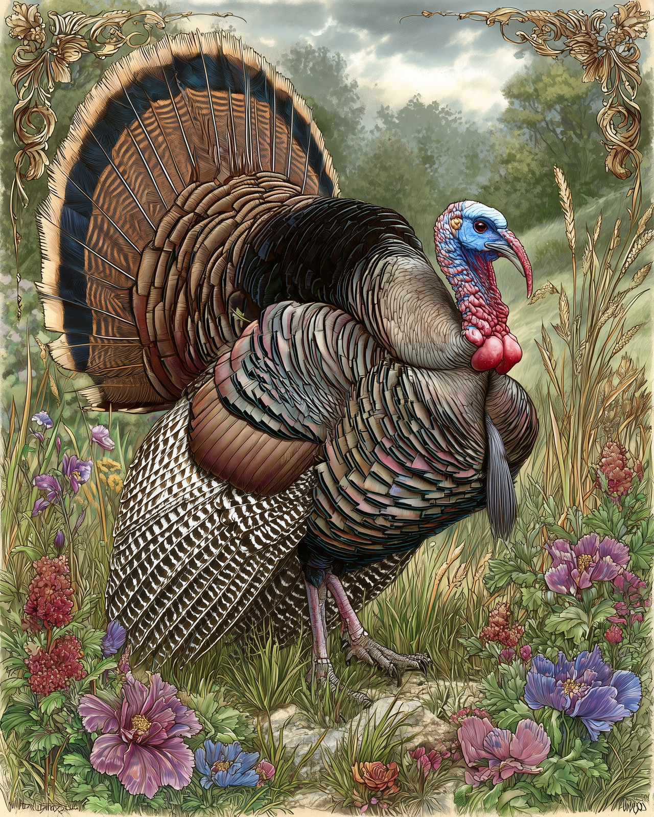 8x10 Wild Turkey in Meadow with Flowers Wildlife Art Print - 320074740