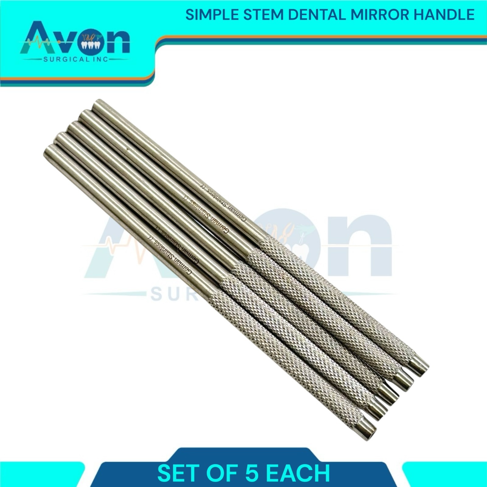 Simple Stem Dental Mirror Handles with Knurled Grip - Stainless Steel (5PK)