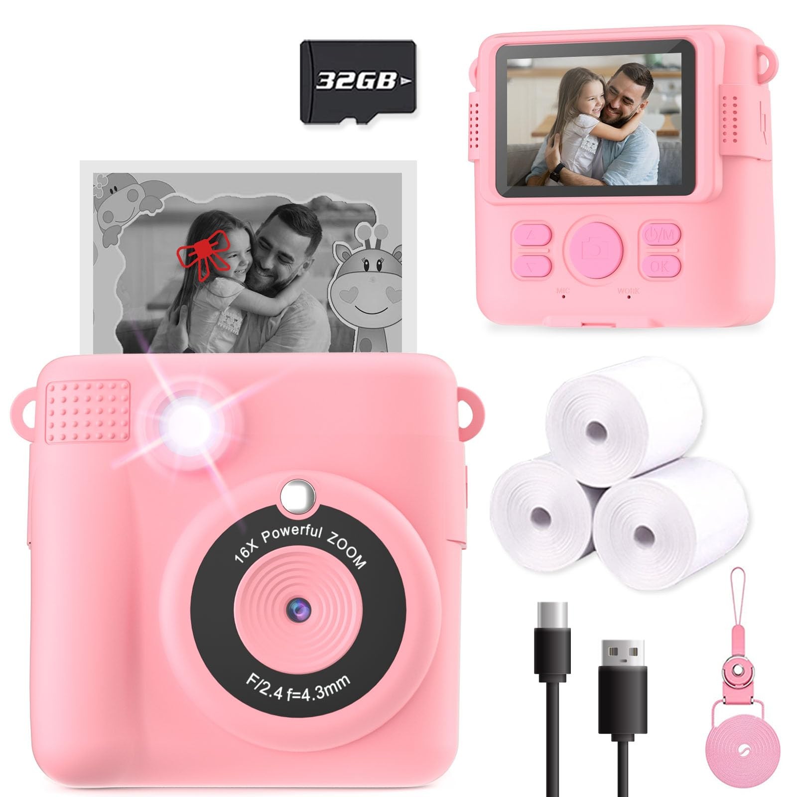 ESOXOFFORE Instant Print Camera for Kids, Christmas Birthday Gifts Girls Pink
