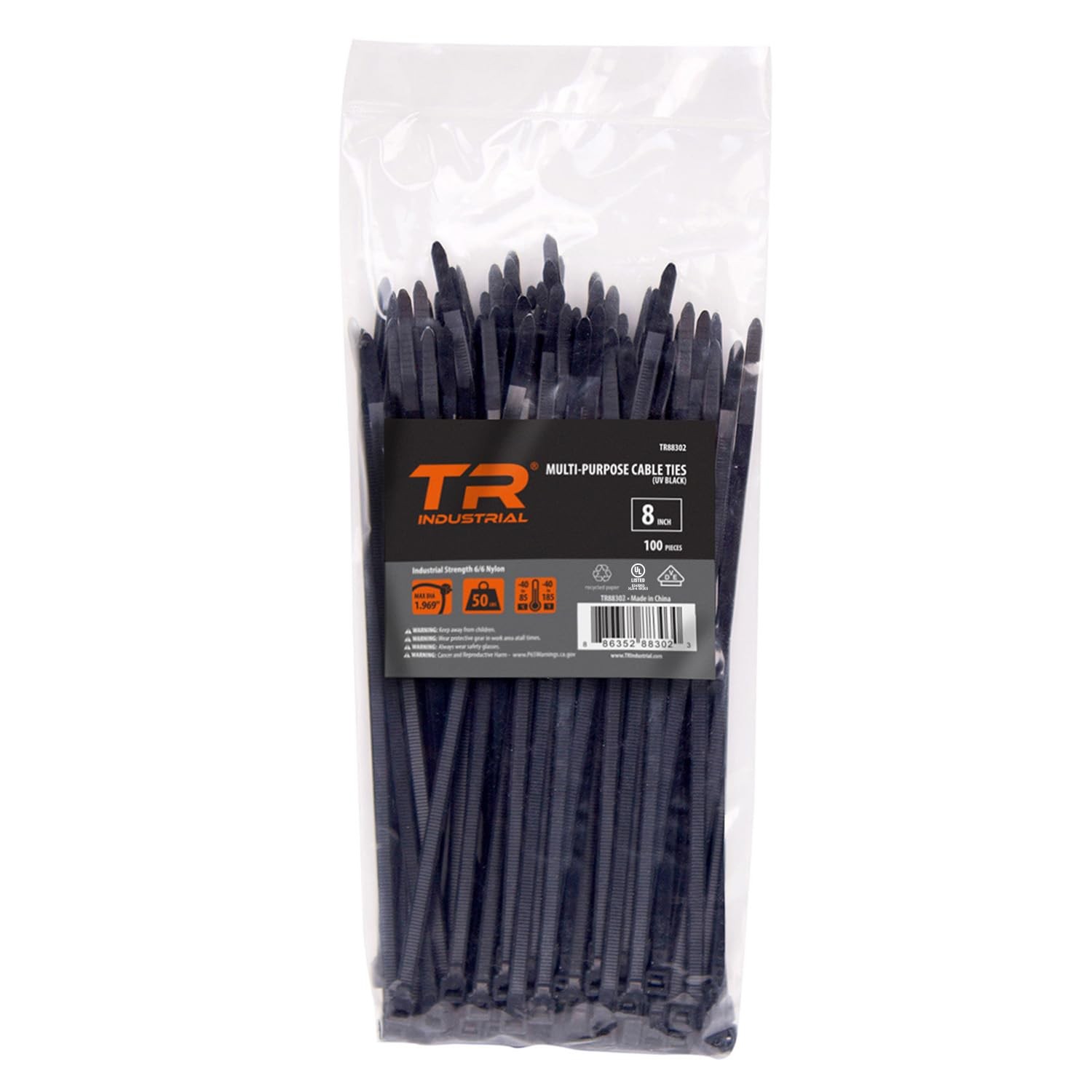 Multi-Purpose UV Resistant Black Cable Ties, 8 inches, 100 Pack