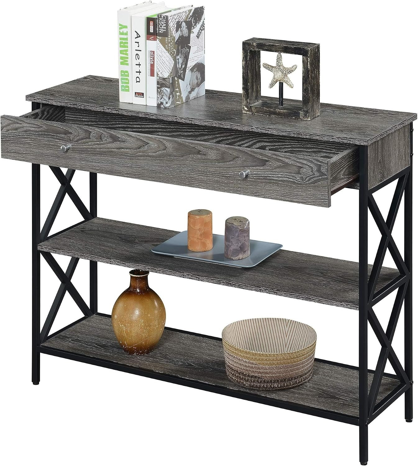Tucson 1-Drawer Console Table with Shelves, Weathered Gray/Black