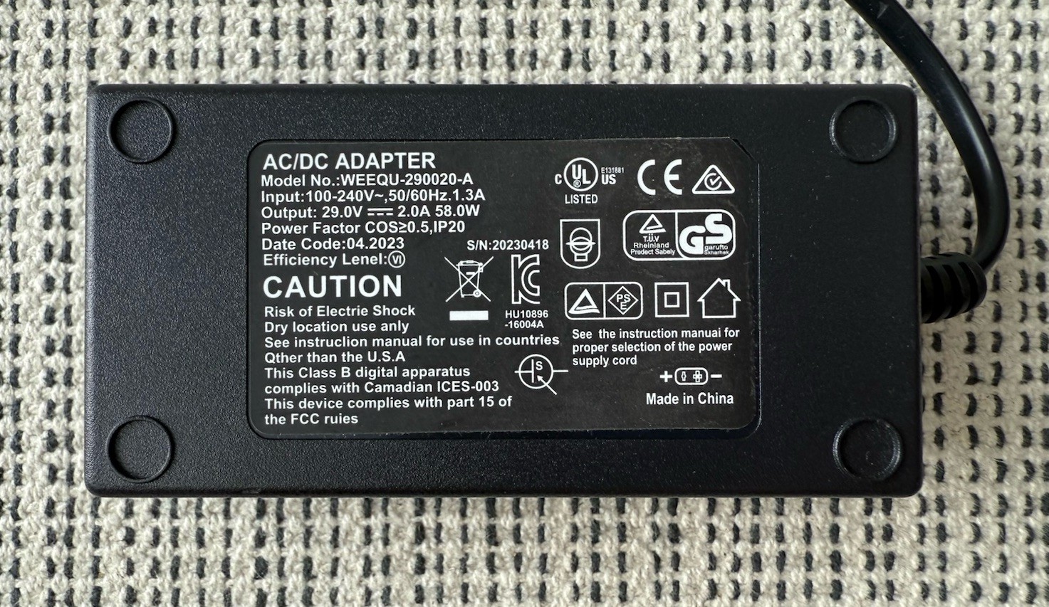 AC/DC Adapter Power Supply Model WEEQU-290020-A For Recliners NO WALL PLUG