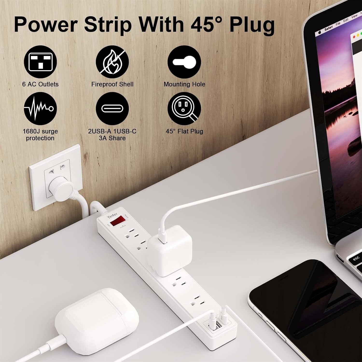 Listed 6 Ft Surge Protector with 6 AC Outlets & Smart USB Charging – White