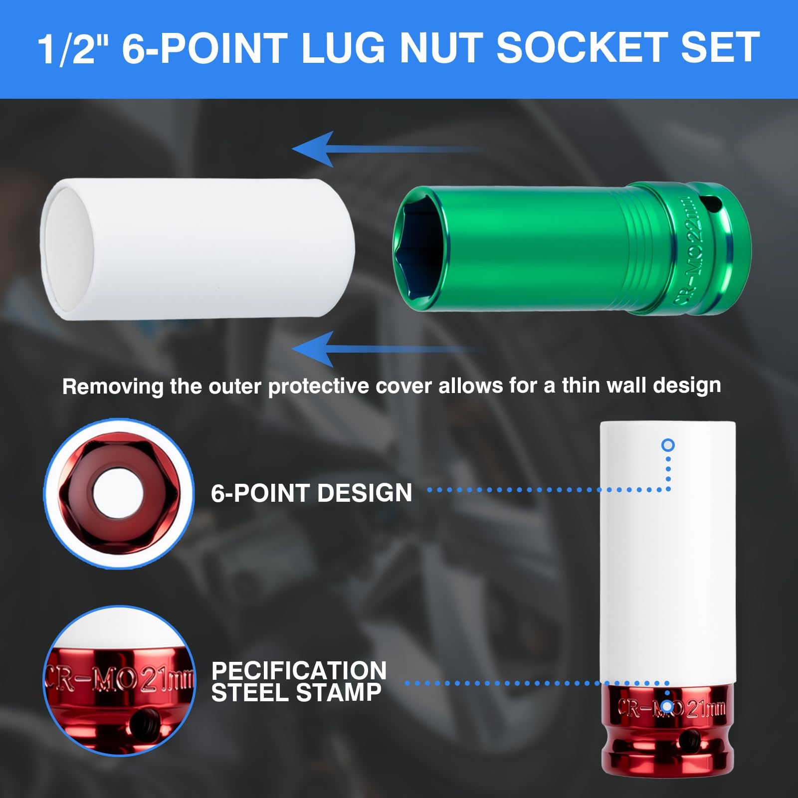 1/2" Drive Wheel Protector Impact Socket, Color Sockets 4pcs