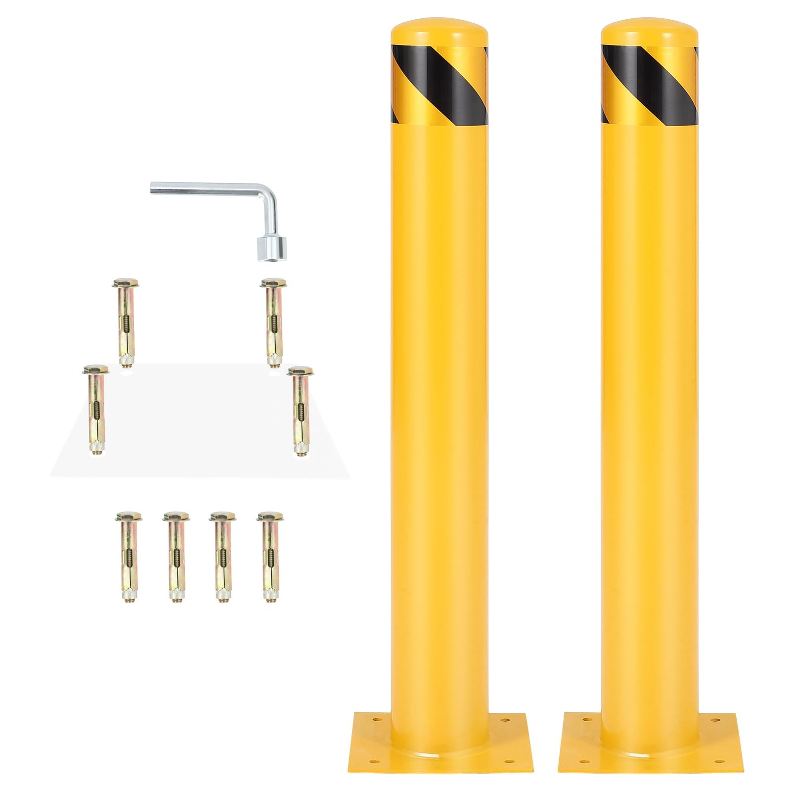2 Pack 42in Safety Bollard Post Steel Yellow/Black Reflective w/Bolts Base Plate