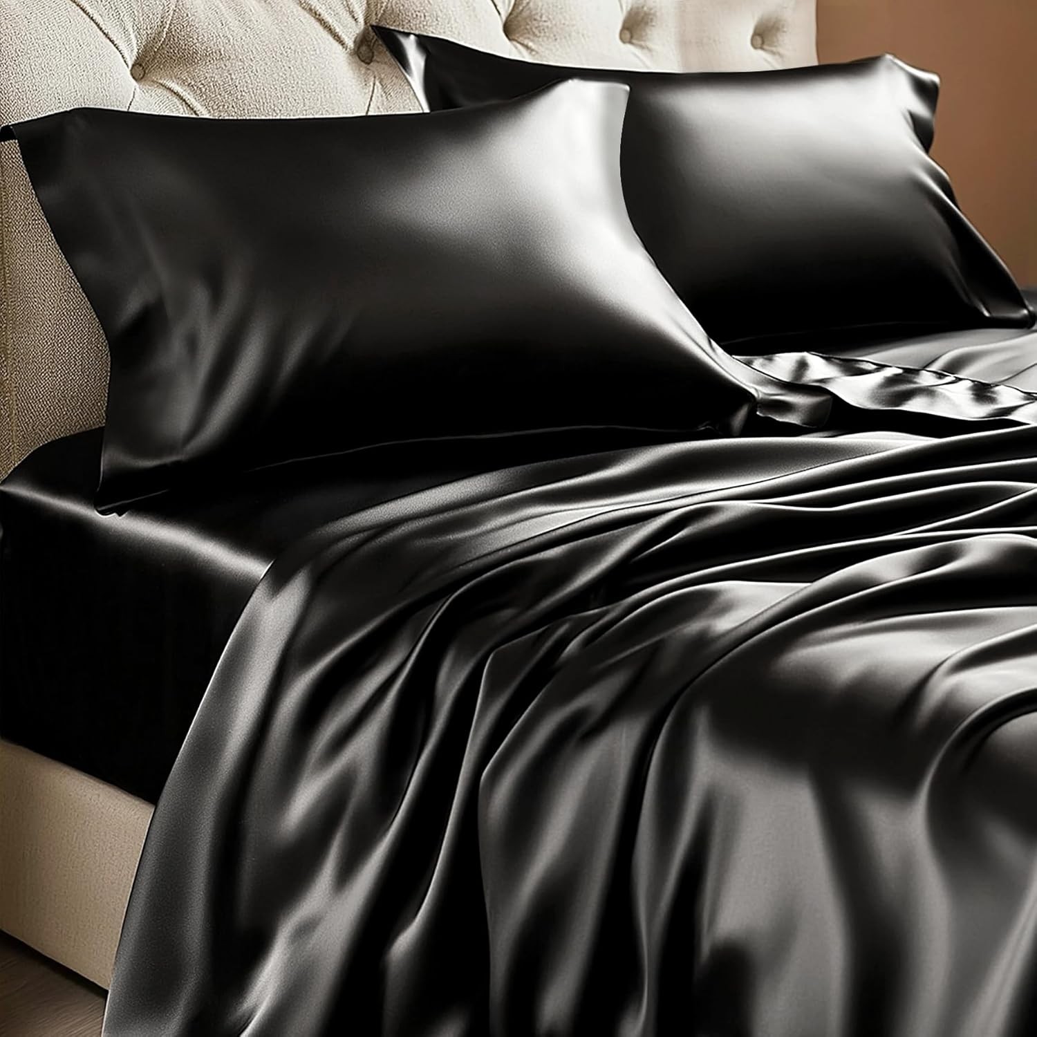 Satin Sheets Queen Size Bed Set Soft Black Silky Sheets Hair & Skin