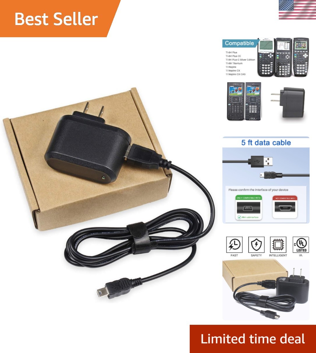 Texas Instruments Graphing Calculator Charger with 5FT USB Cable - Durable