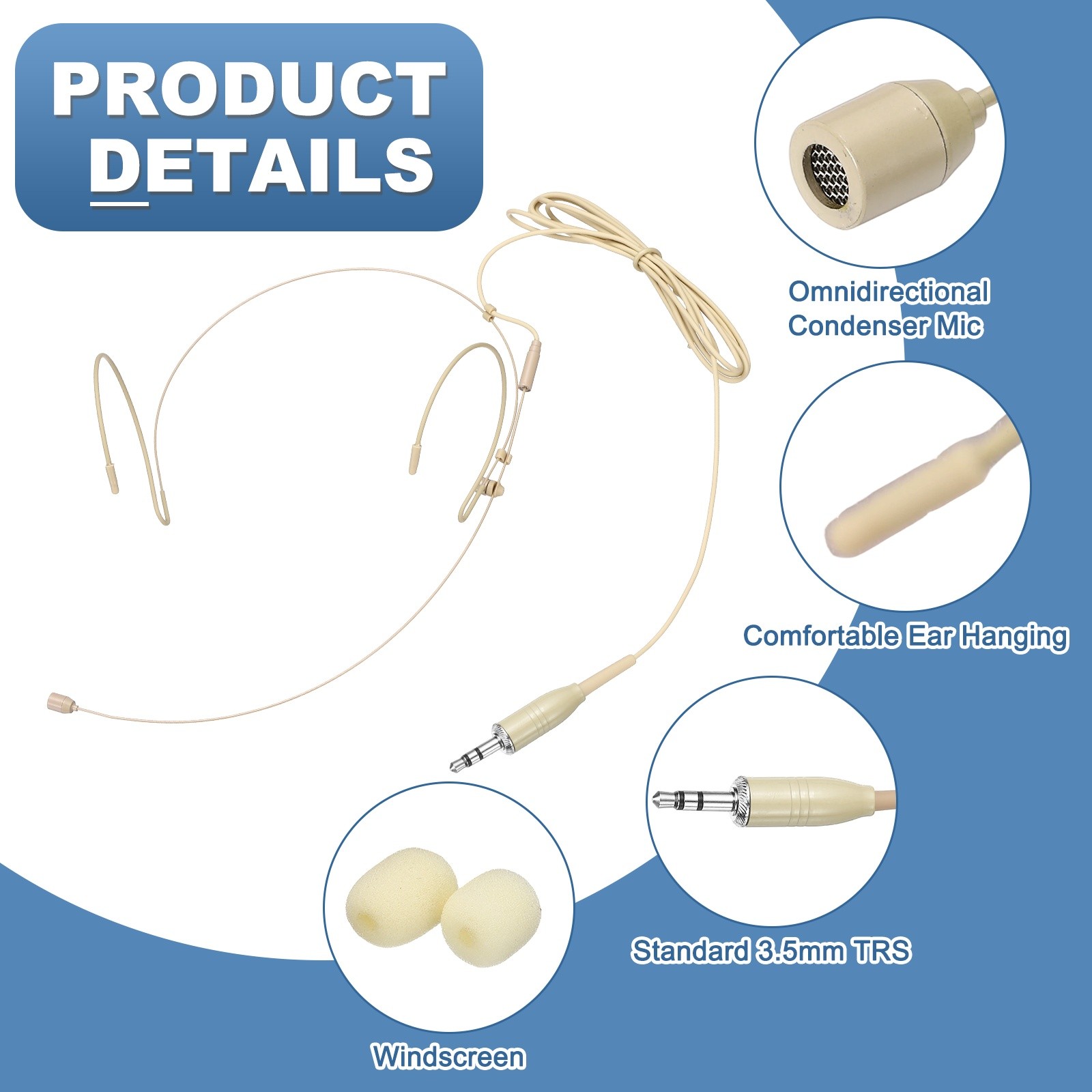 Ear Hook Microphone, Double Ear Headset with Standard 3.5mm TRS Plug, Beige