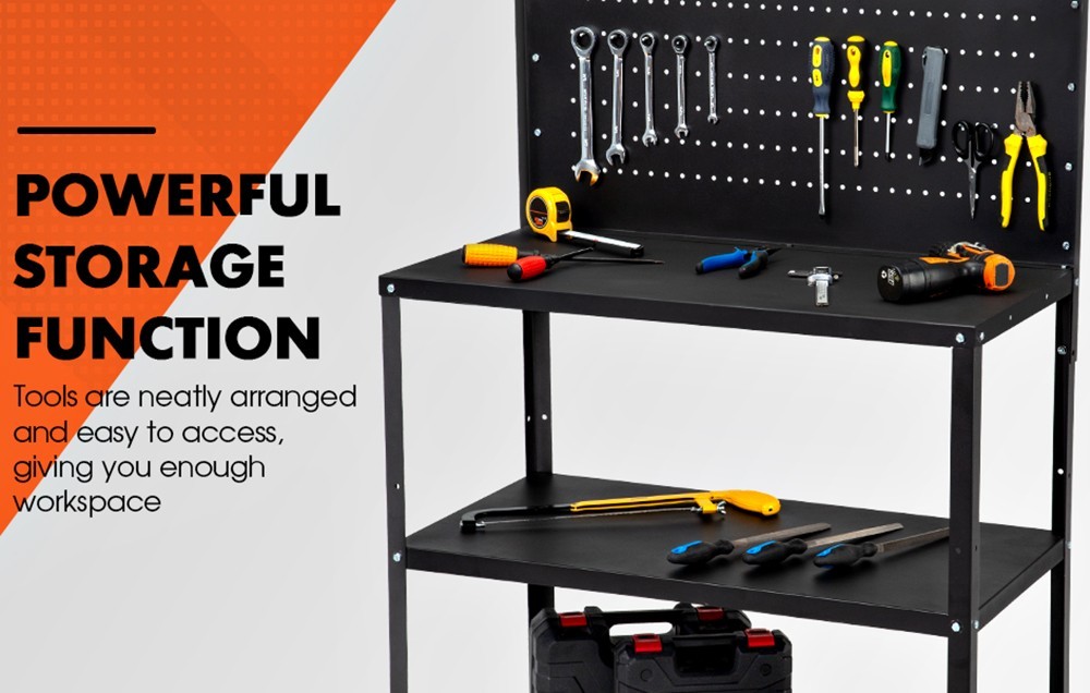 3-TIER HEAVY DUTY WORKBENCH WITH PEGBOARD LOCKABLE WHEELS FOR GARAGE WORKSHOP