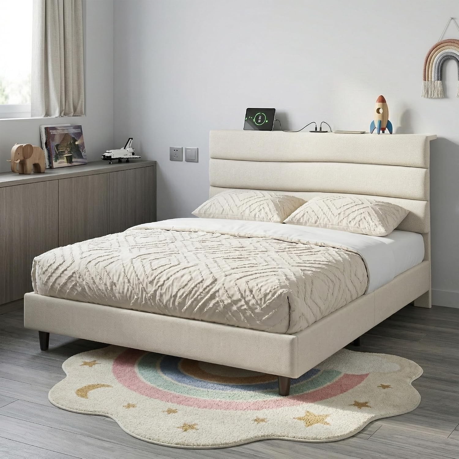Twin Size Bed Frame W/ Adjustable Height Headboard Noise-Free Upholstered