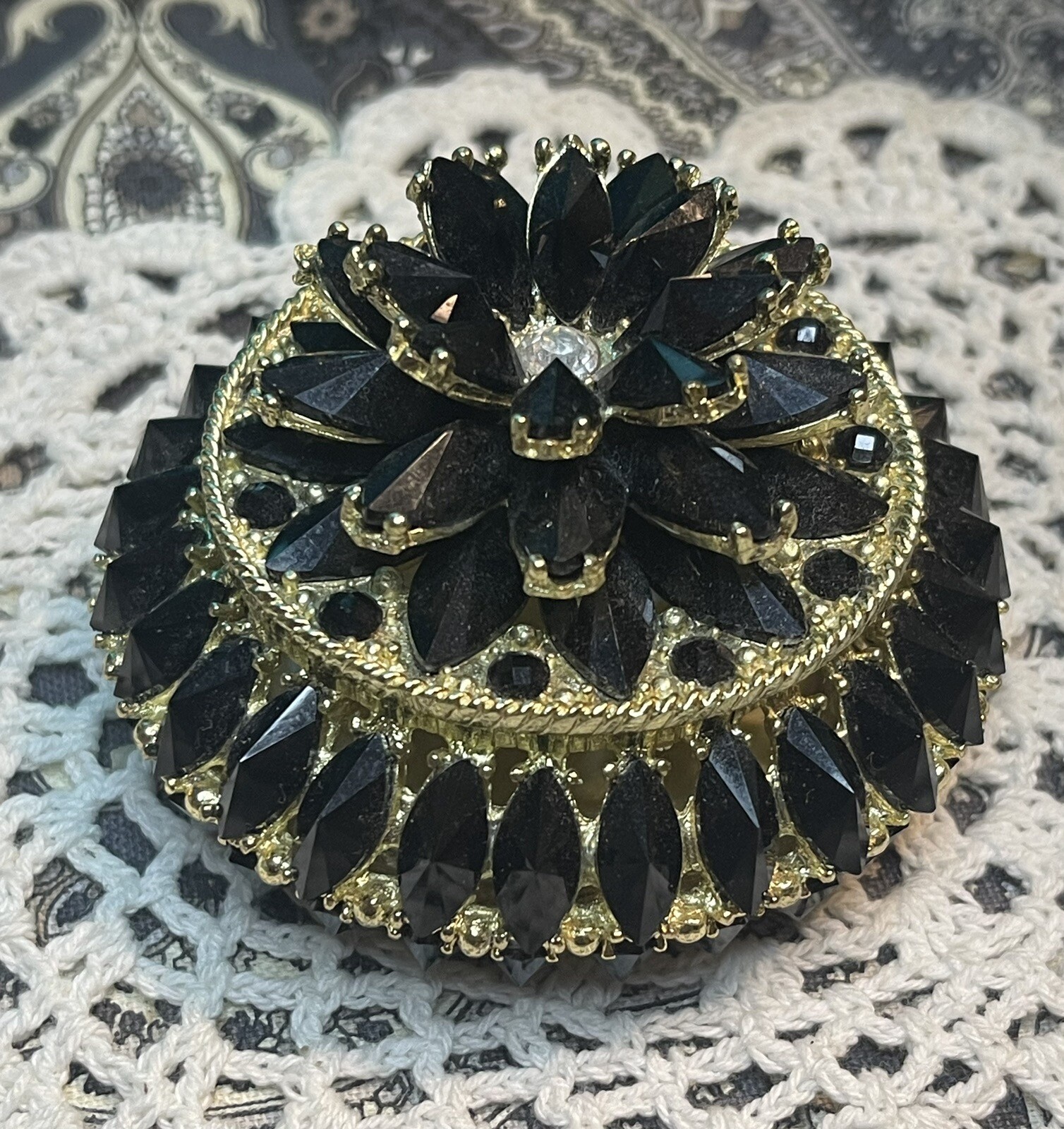 Beautiful Gold Tone Metal And Onyx Like Stones Trinket Box - Ring Box