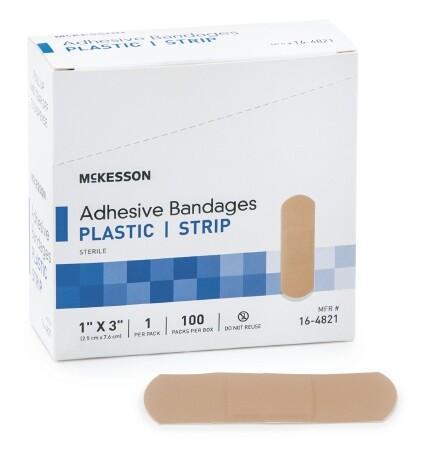 McKesson Adhesive Strip 1X3In Plastic Rectangle Tan Sterile - Box of 100, 6 PACK