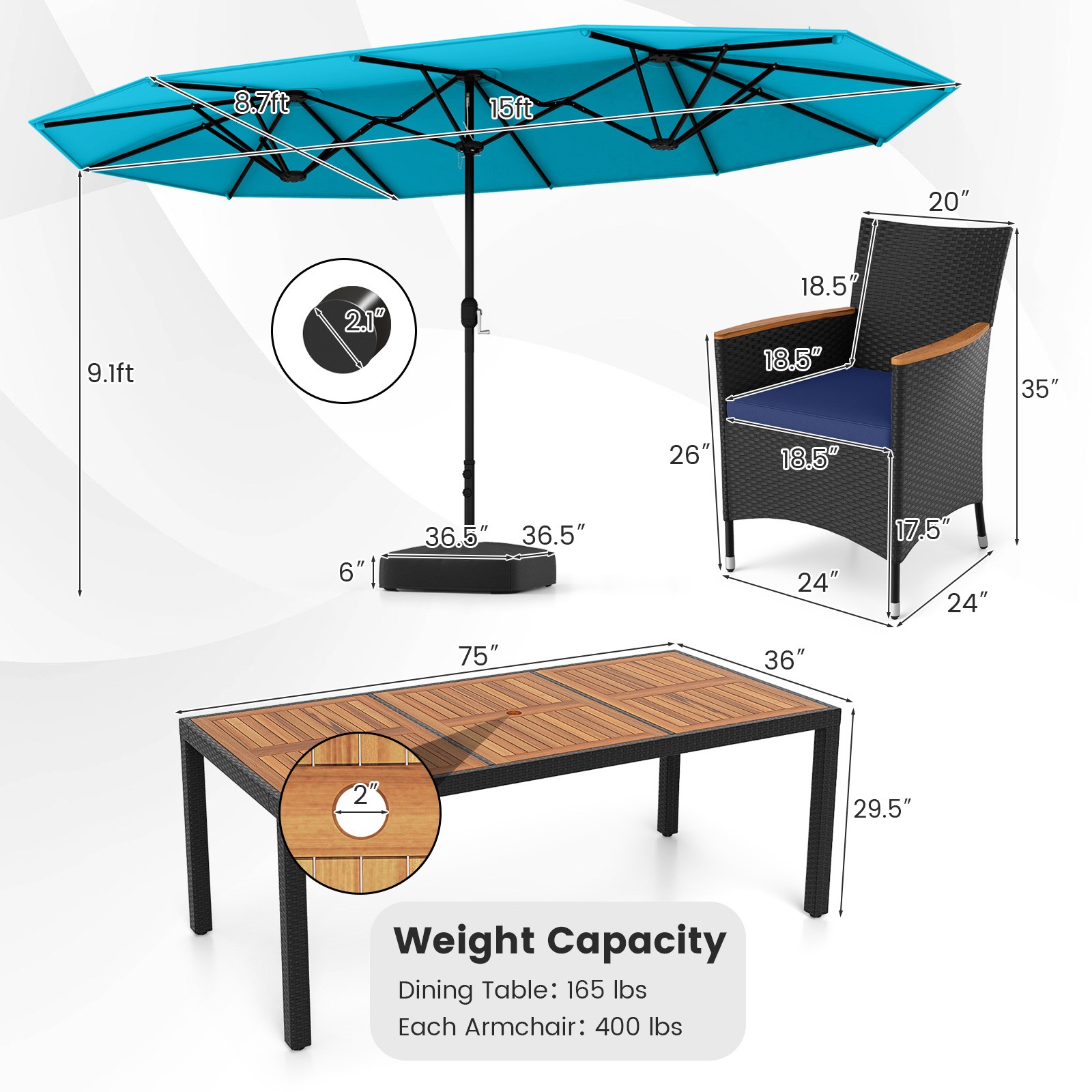 11 PCS Patio Wicker Dining Set w/Double-Sided Outdoor Umbrella 8 Stackable