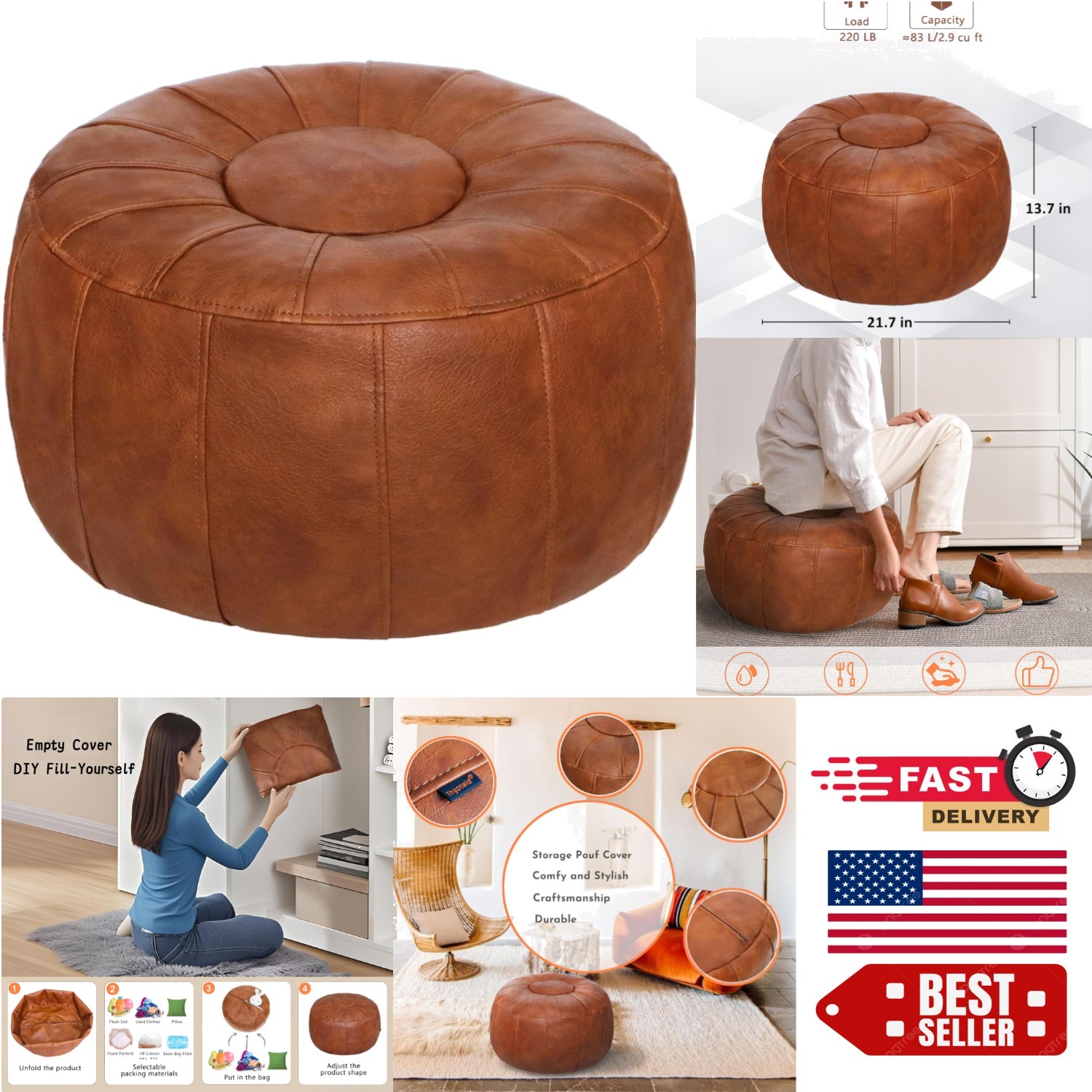Unstuffed Moroccan Pouf Ottoman - Handmade Faux Leather Foot Stool for Comfort