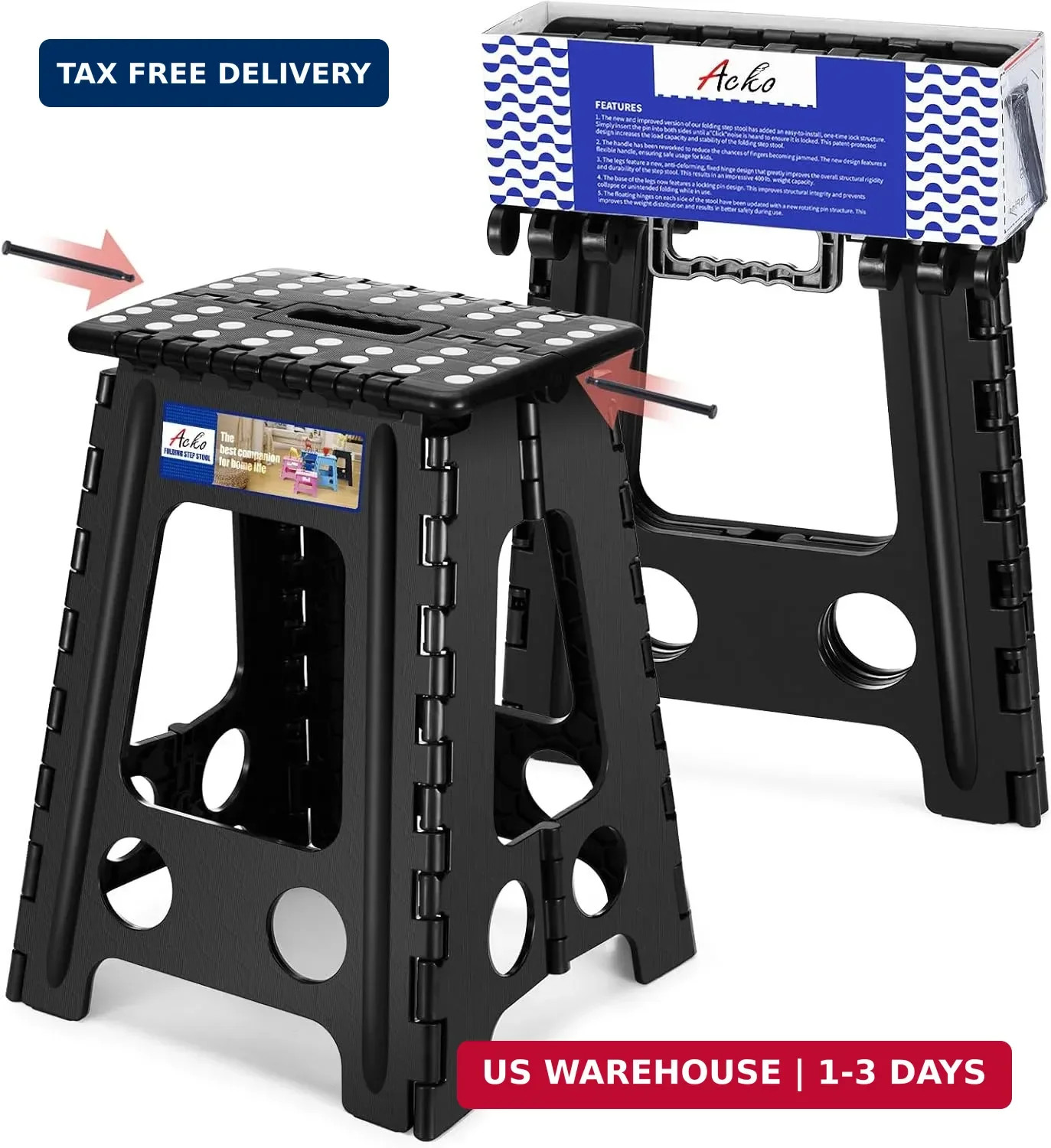 ACKO Folding Step Stool Foldable 17.5 Inch 400 lbs Capacity, Plastic Stools for